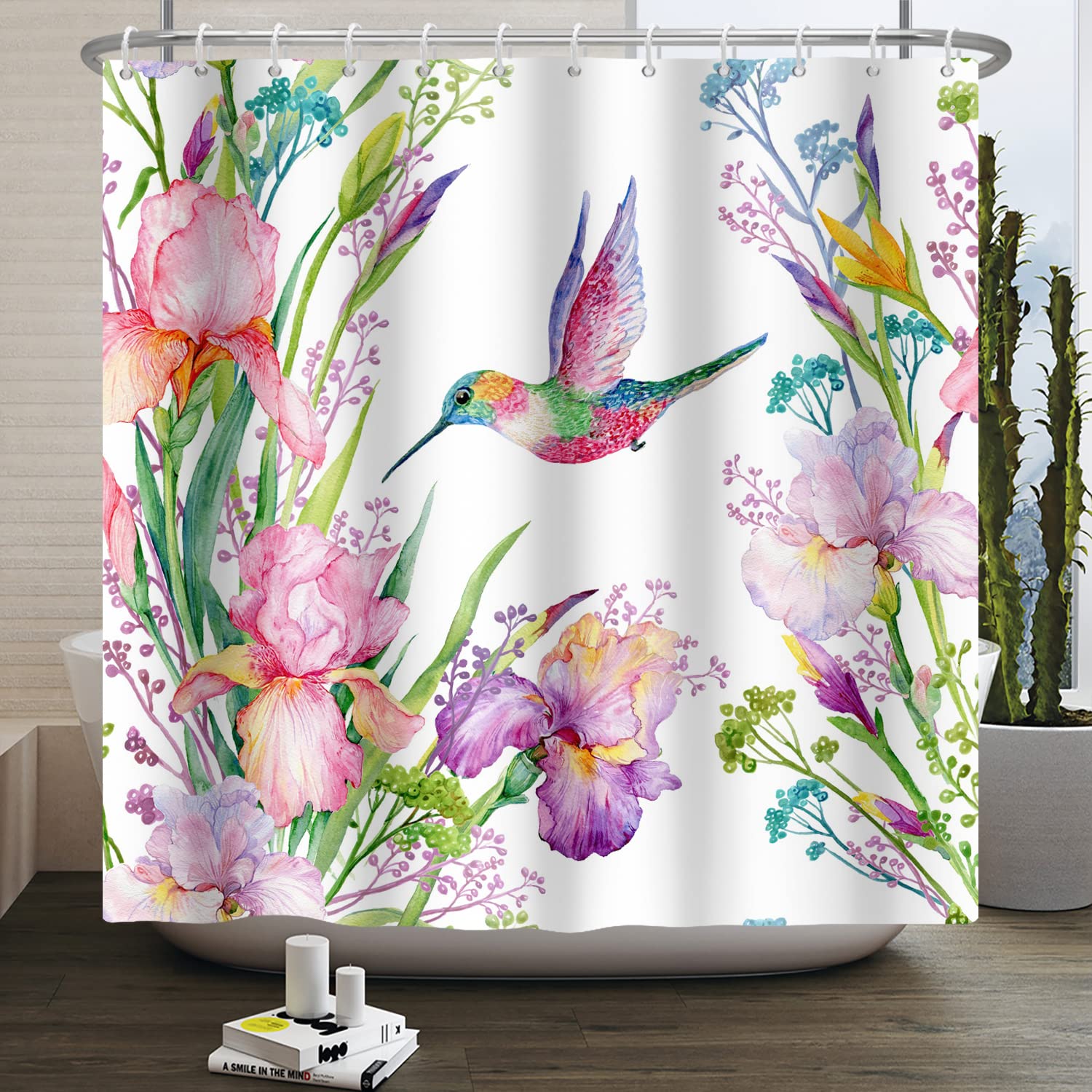 Hnmdmyi Tenda da doccia Fiori Colibrì 180x240, Fiori colorati Uccello carino primavera Tenda da bagno moderno acquerello naturale pianta botanica estetica impermeabile tessuto lavabile Tenda da bagno