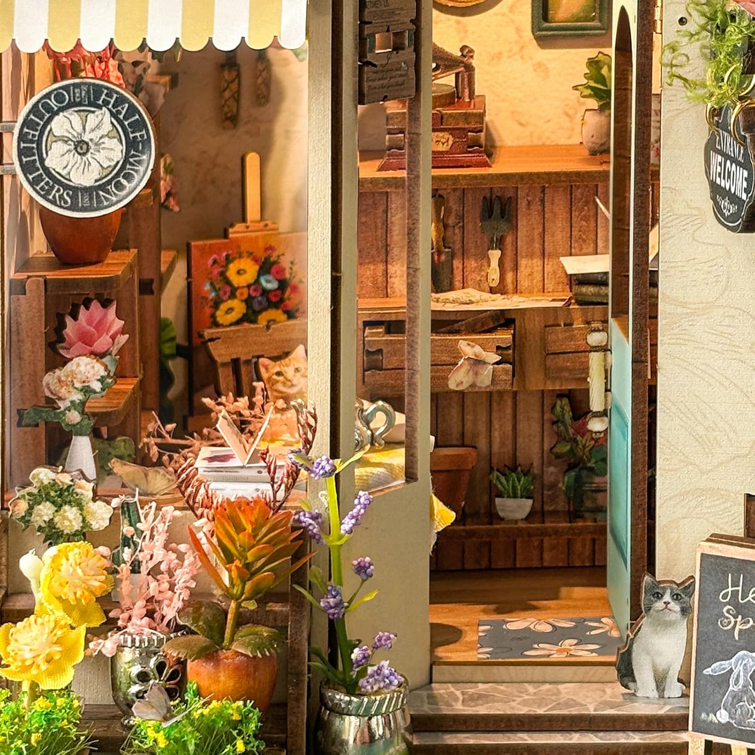 Book Nook Kit - DIY Miniature House Kit for Adults, Teens & Beginners, Spring Flower Shop Dollhouse Booknook Tiny House Bookshelf Decor 3D Wooden Puzzle, Gifts for Family, Friends