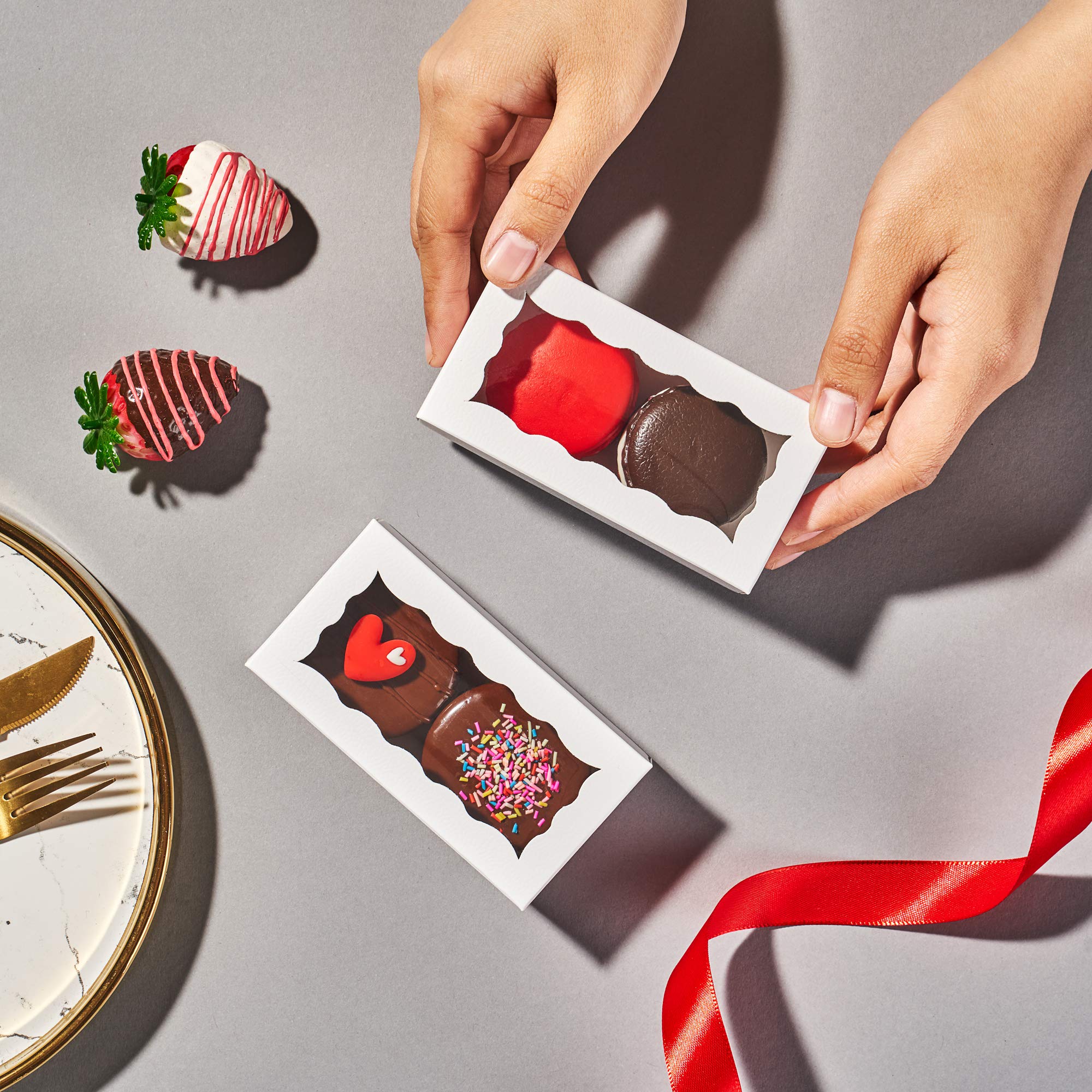 JCXGRVC 24PCS 4.17x2.16x1.37 Inches Elegant White Double Favor Boxes with Clear Window for Macaron, Chocolate, Small Cookies, Party Candy Treat Boxes