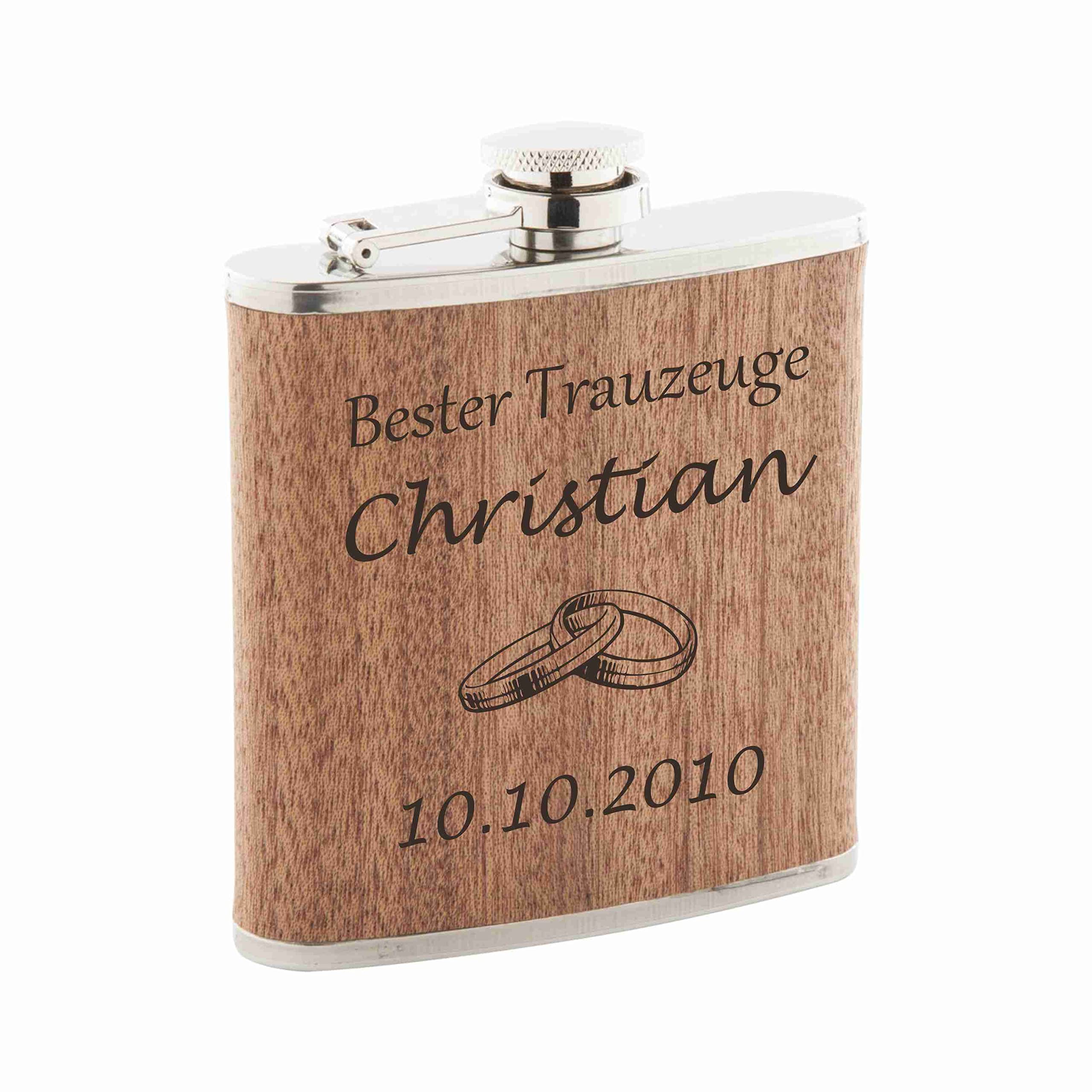 Fiaschetta In Legno Con Incisione Personalizzabile - 180 Ml, Acciaio Inox, Regalo Originale Per Lui E Lei