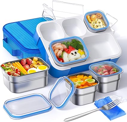 5-Compartment Bento Box Kids Adult Lunch Box Leakproof Stainless Steel Lunchbox Food Snack Container with Fork Lunch Bag Kits for School Works, Metal Lunch Containers Tray BPA-Free (Blue)