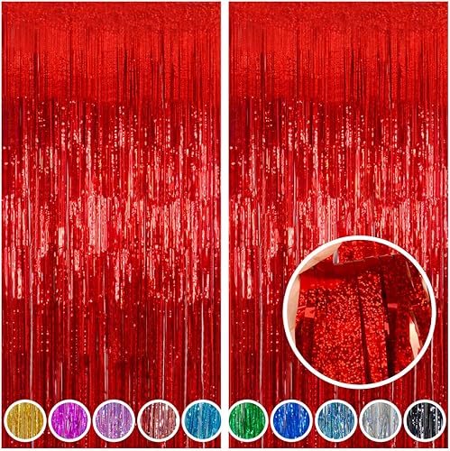 Miniatura 12 de Melsan - Telón de fondo de flecos de aluminio, paquete de 2 cortinas de flecos de papel de oropel de 3.2 x 8.2 pies, cortinas de flecos brillantes