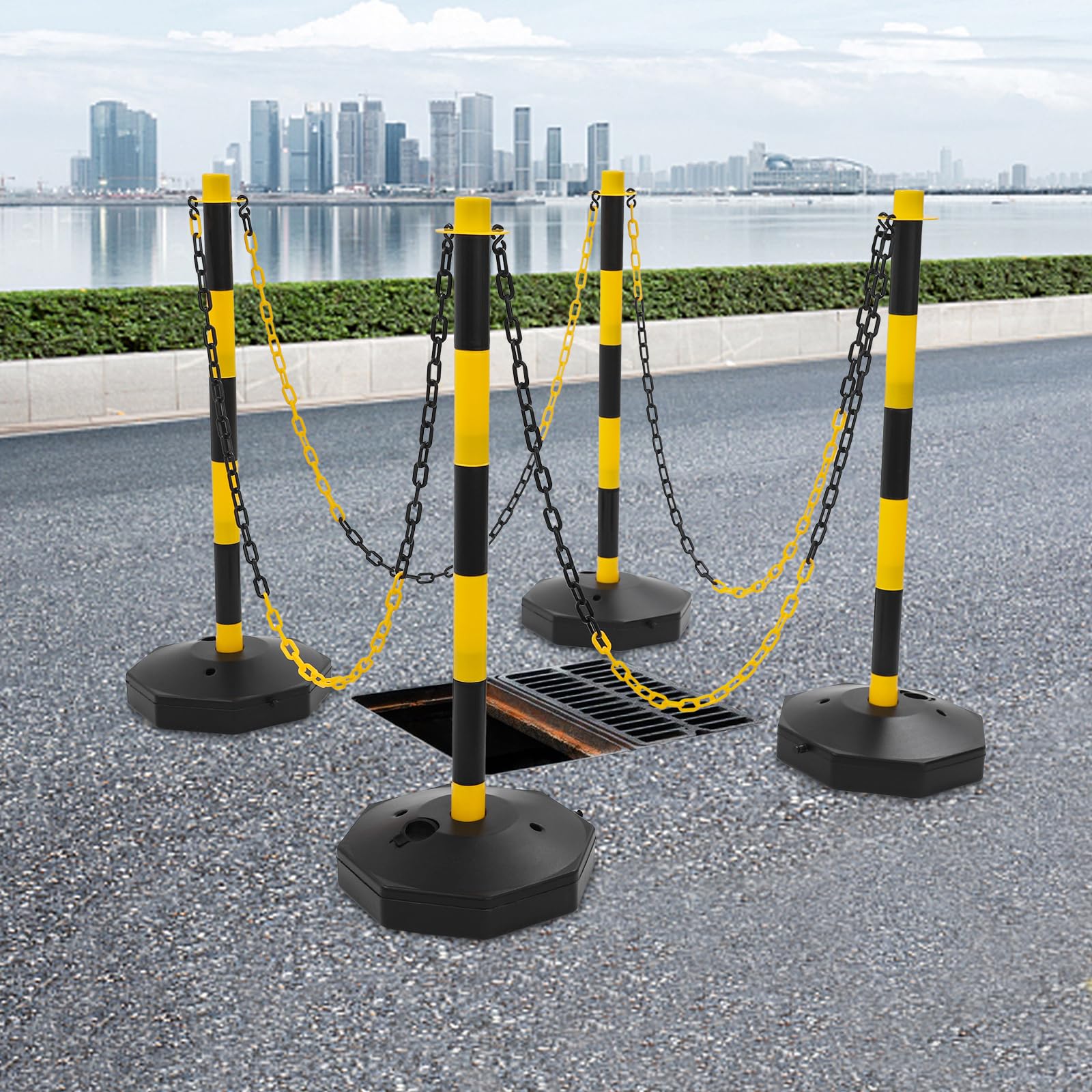 Juego de 4 postes de cadena de plástico para control de tráfico para bloqueos de carretera y seguridad, sistema de barrera ligero y portátil para señalización de estacionamiento
