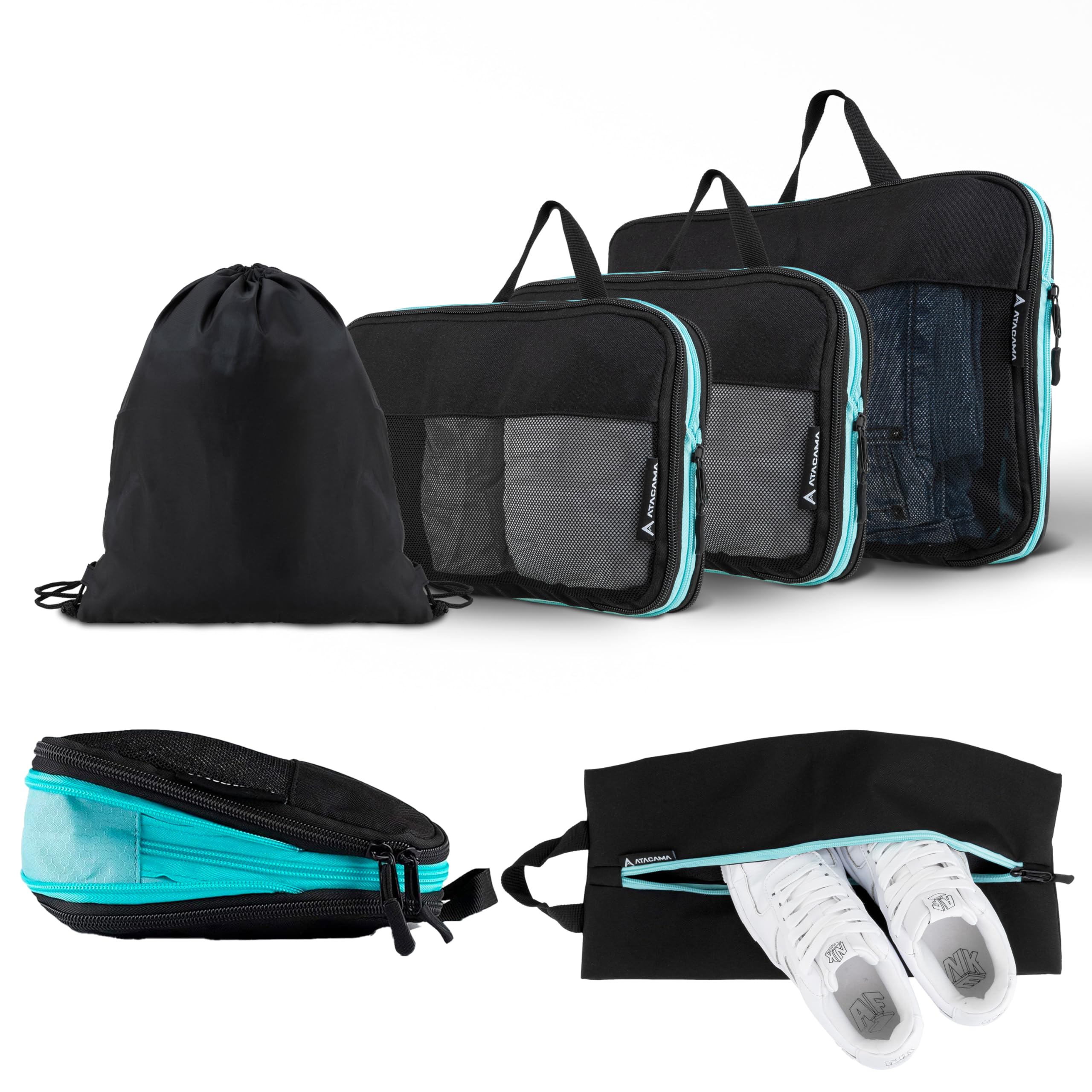 Atacama Juego de 6 cubos de compresión premium: cremallera y bolsillos duales, bolsas de compresión para mochila y maleta, color negro