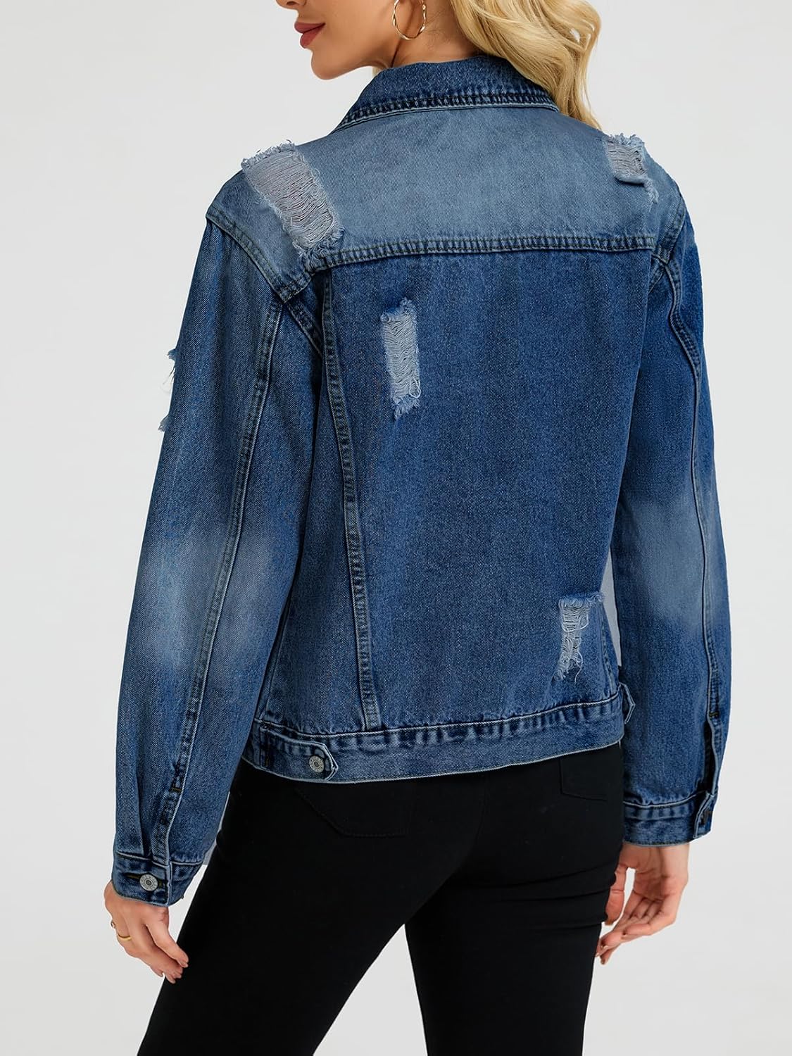 LifeShe Denim Jacket for Women Basic Fitted Distressed Jean Jackets Spring Ripped Shacket Coats Trendy - Image 2