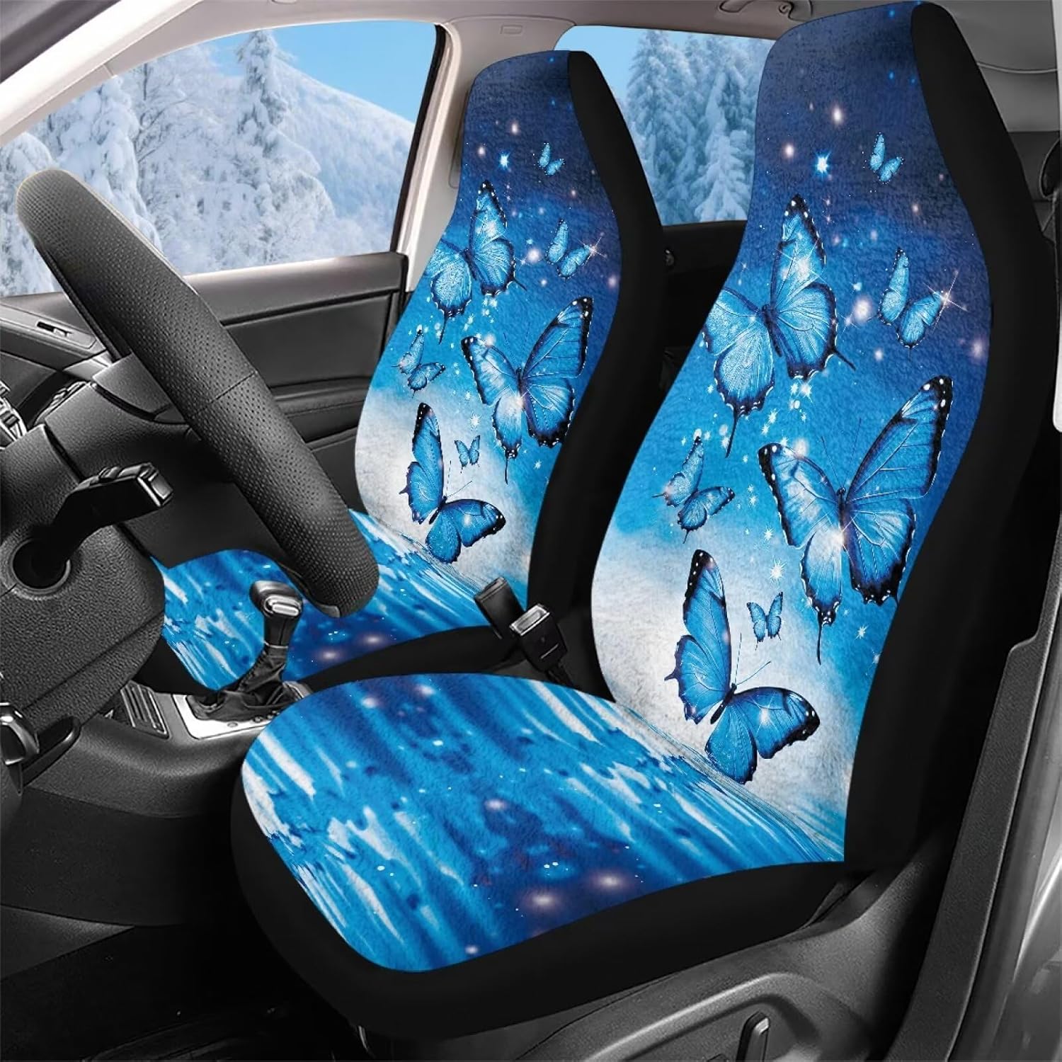 INSTANTARTS Blue Butterfly 2 Piece Fuzzy Car Seat Covers Sets Bucket Seat Cover for Vehicle Interior Decor Stretchy Driver Seat Covers