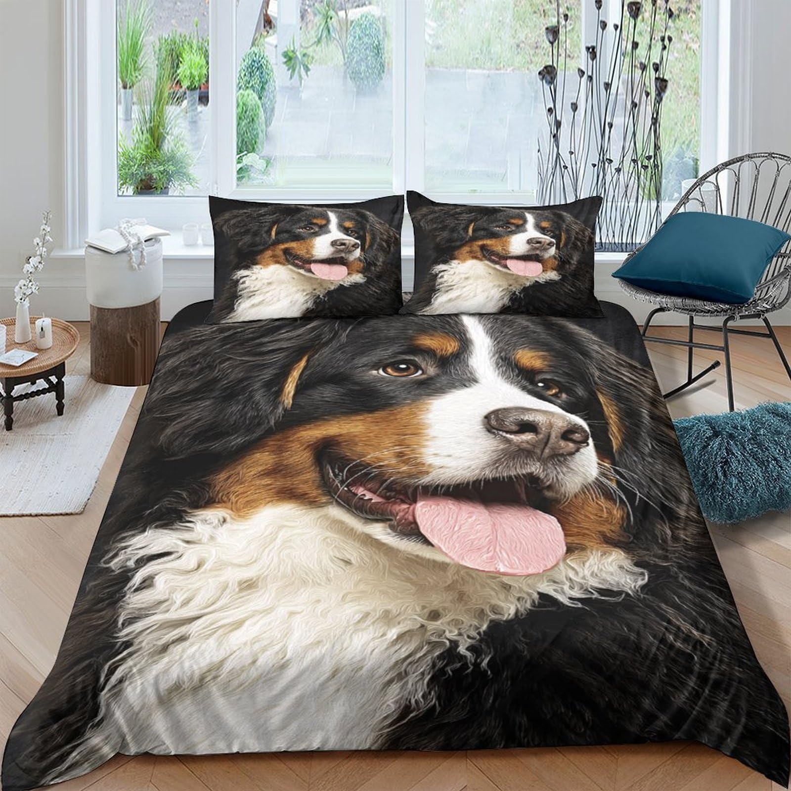 Ctjqhvkz Style-3 3D Printed Bernese Mountain Dog Fitted Sheet Microfiber Soft Black White Dog Face Bed Cover For Bedroom Guest Room Dorm Decor Single（135X200cm）
