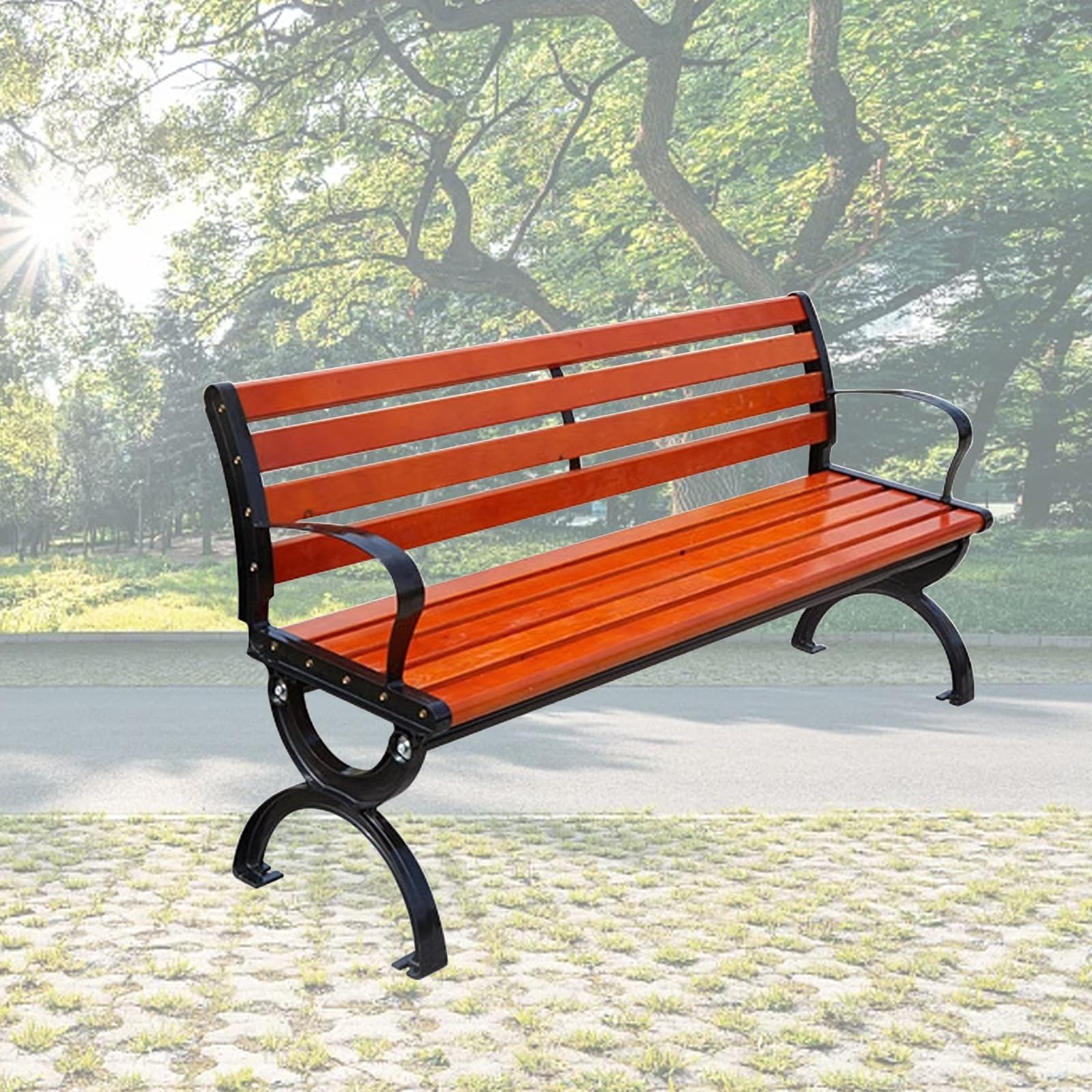 赤い金属製屋外ベンチ