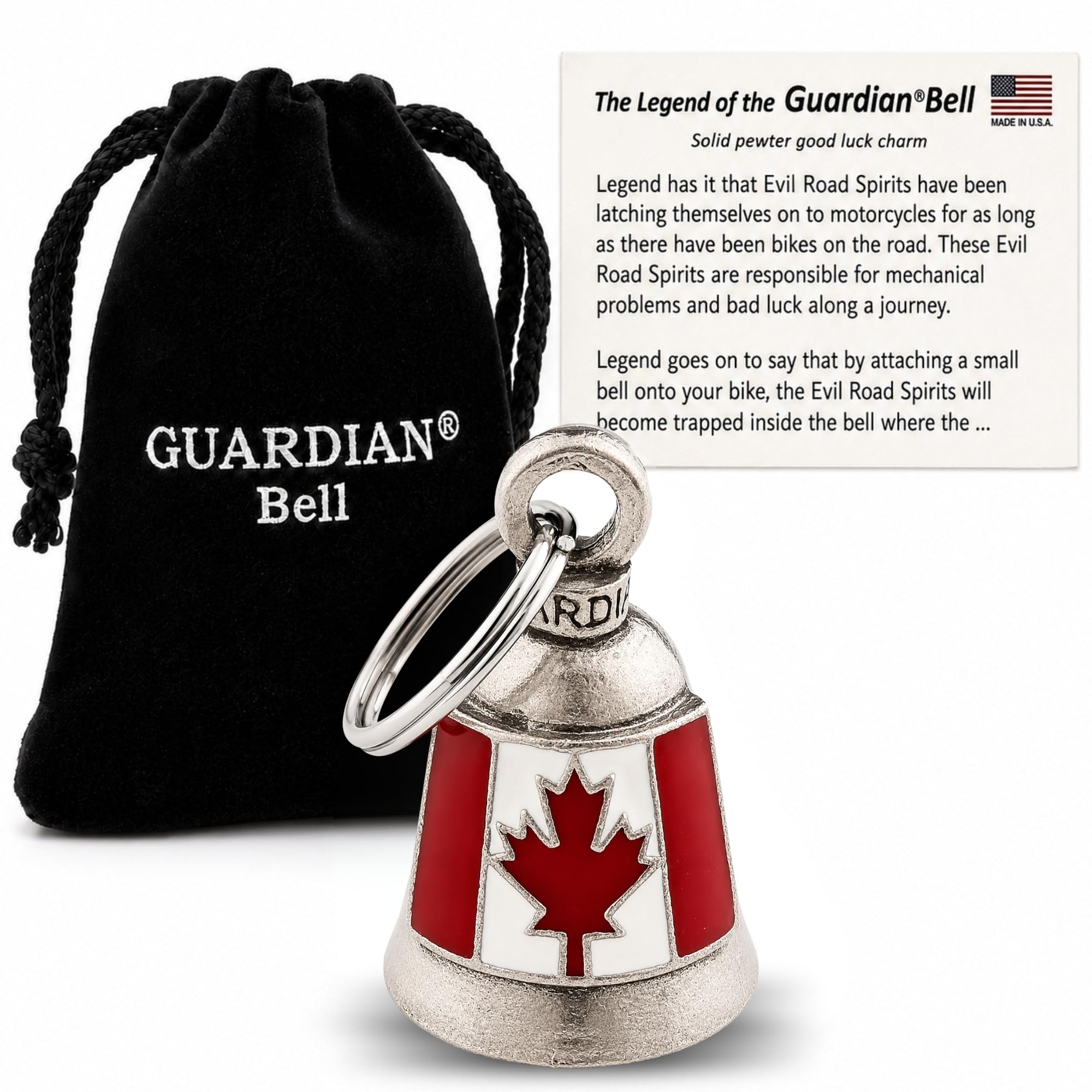 Guardian Bell Canadian Good Luck Bell w/Keyring &amp; Black Velvet Gift Bag | Motorcycle Bell | Lead-Free Pewter | Made in USA