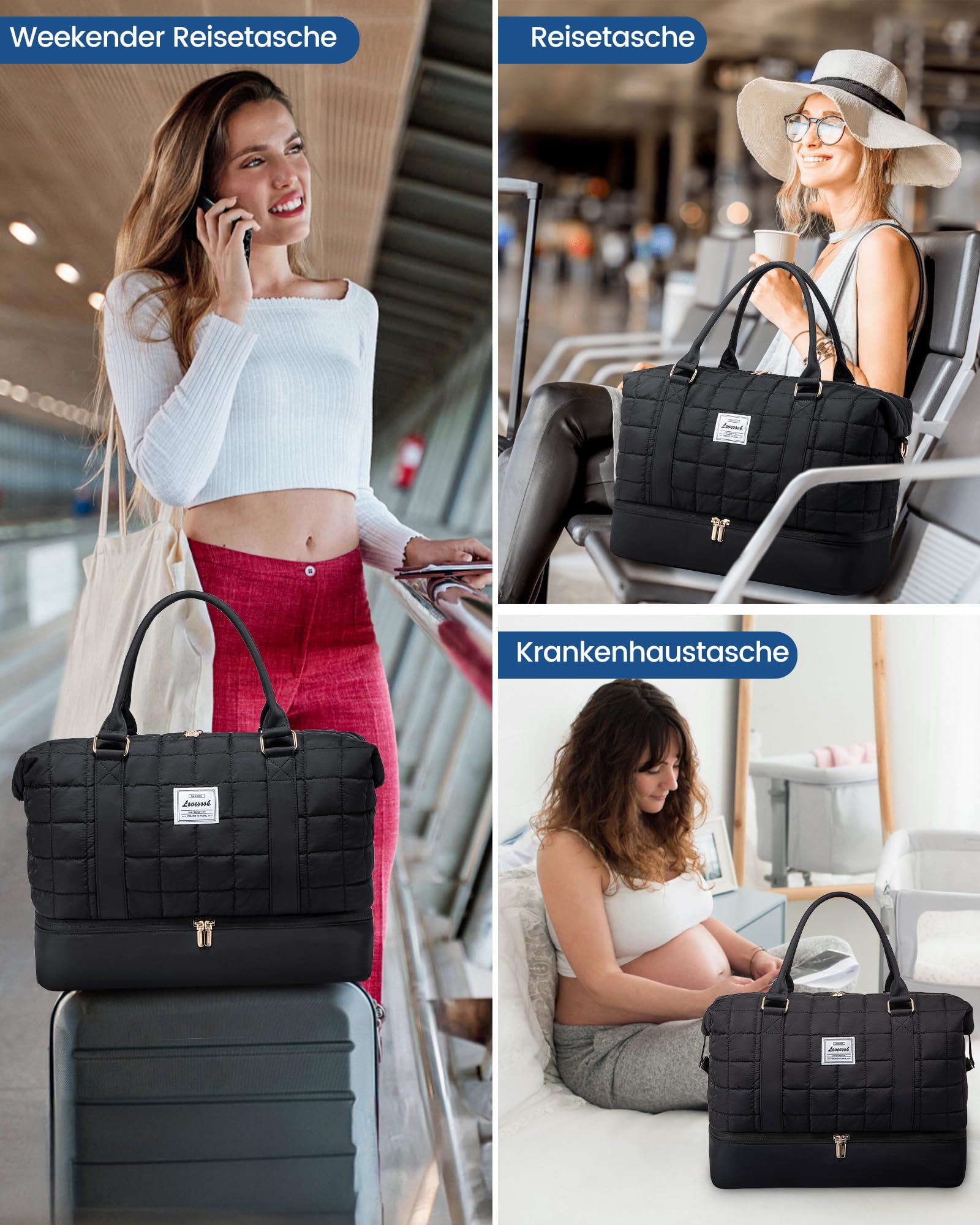 LOVEVOOK Reisetasche Damen Groß, Leicht Puffer Weekender Handgepäck Tasche Kliniktasche Geburt Krankenhaustasche mit Schuhfach & Nassfach, Travel Bag Sporttasche für Flugzeug Reise, Schwarz