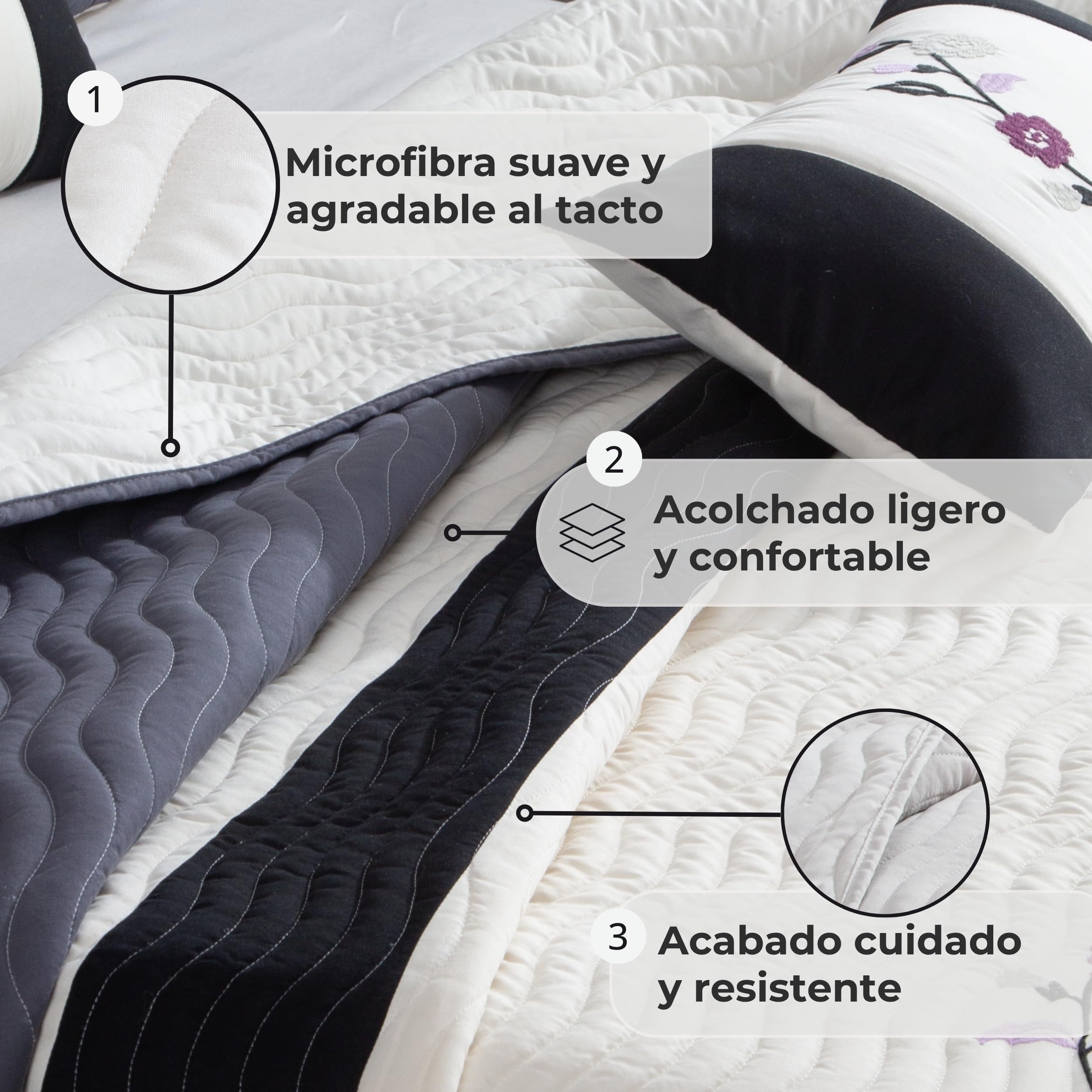 Colcha Boutí Bordada Cama 150 (250x260) para Verano y Entretiempo - 100% Microfibra Suave – Cubrecama Moderno Multiusos Ligero y Transpirable - Incluye 4 Fundas Cojín (2*60x60 + 2*30x50) (Venezuela)