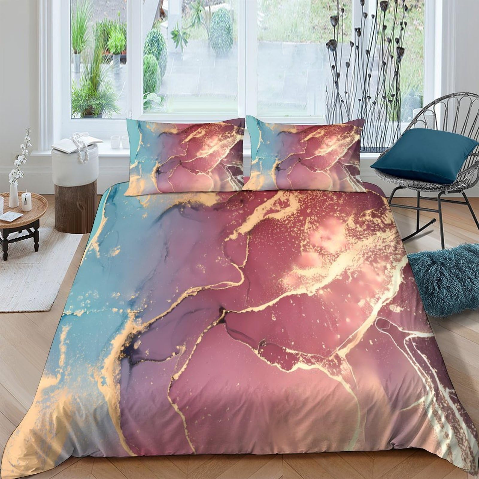 GPLZQXKJNH 3D Printed Marble Abstract Duvet Cover Set Microfiber Soft Breathable Aurora Bedding Set with 2 Pillowcases for Bedroom Decor Home Single（135x200cm）