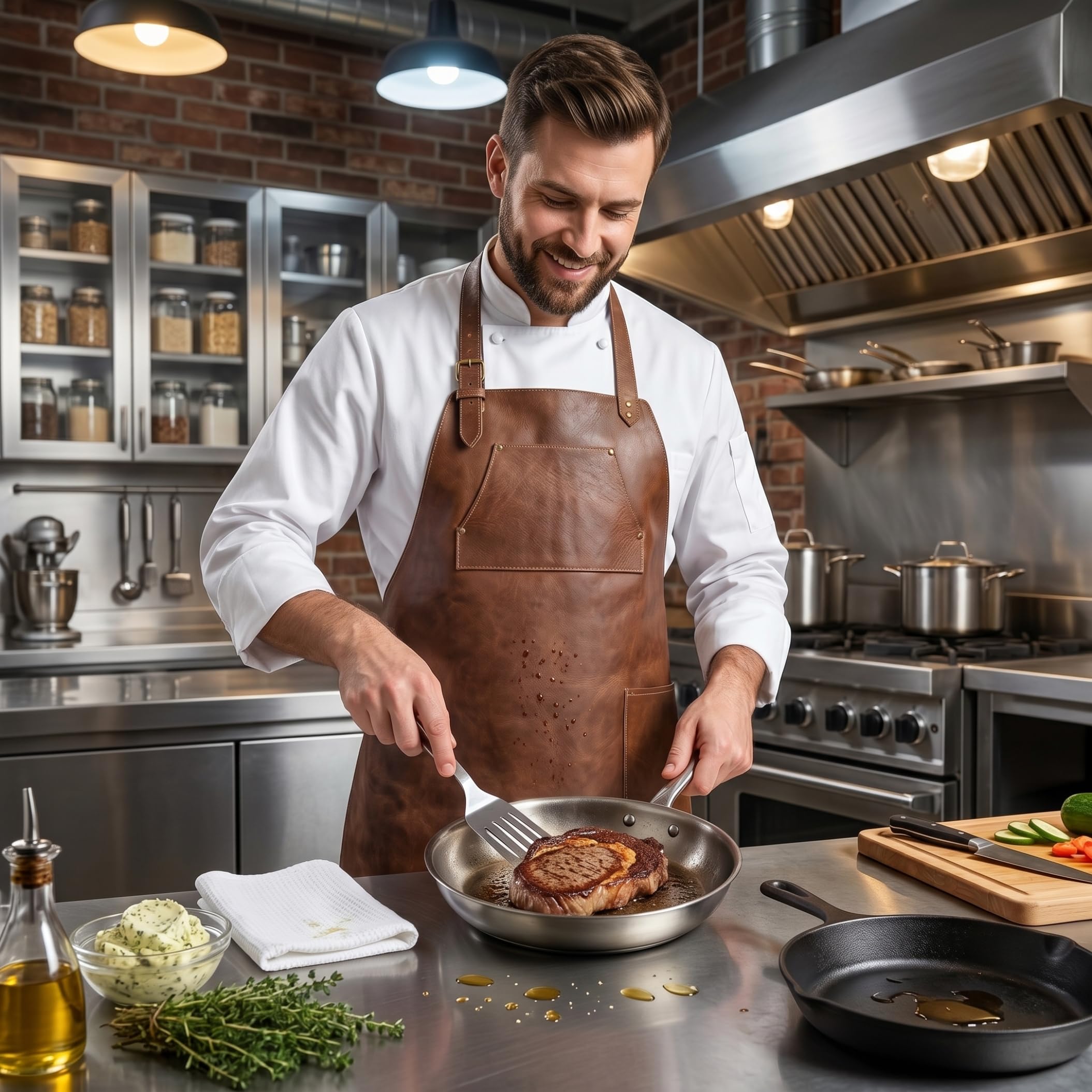 Delantal de barbacoa de cuero para hombre impermeable y resistente al aceite con correa ajustable para el cuello y bolsillo para herramientas - Delantal de cuero marrón para hombre impermeable