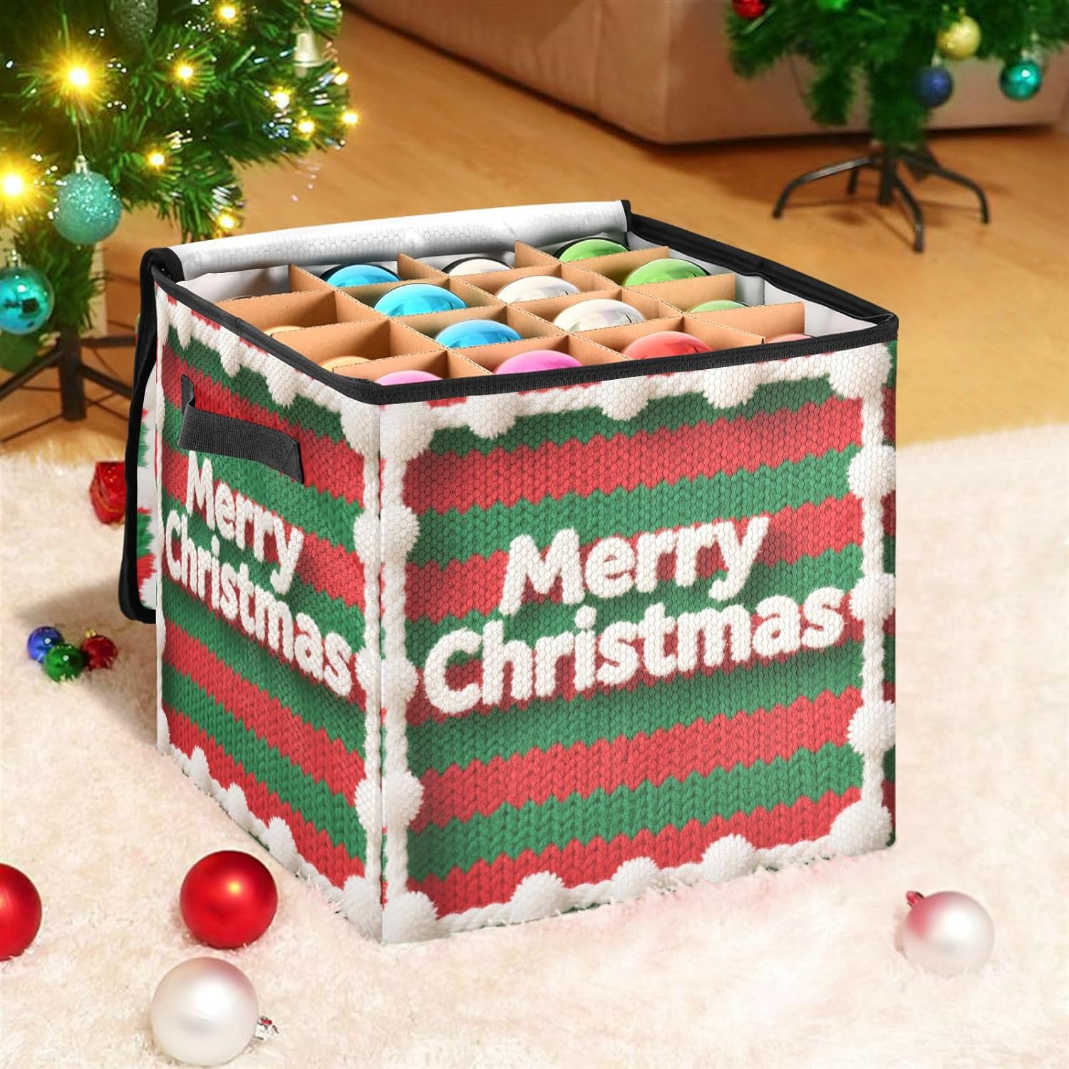 High Capacity Christmas ornament storage containers Holds Up to 64, Adjustable Dividers, Zippered Top, Two Handles stackable Holiday Storage Case with Lid,Knit Pattern Merry Christmas Text