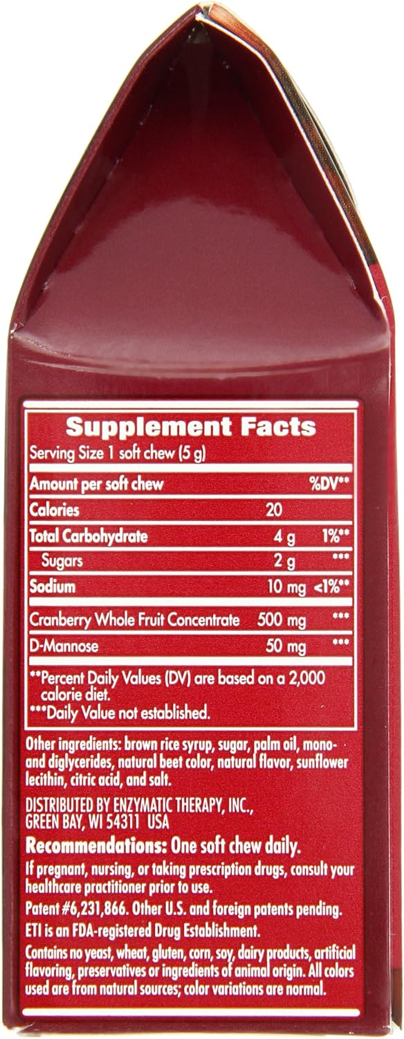 Enzymatic Therapy Actifruit Cranberry Supplement With Cran-max, 500 mg, 20 Soft Chews, Boxes (Pack of 2)