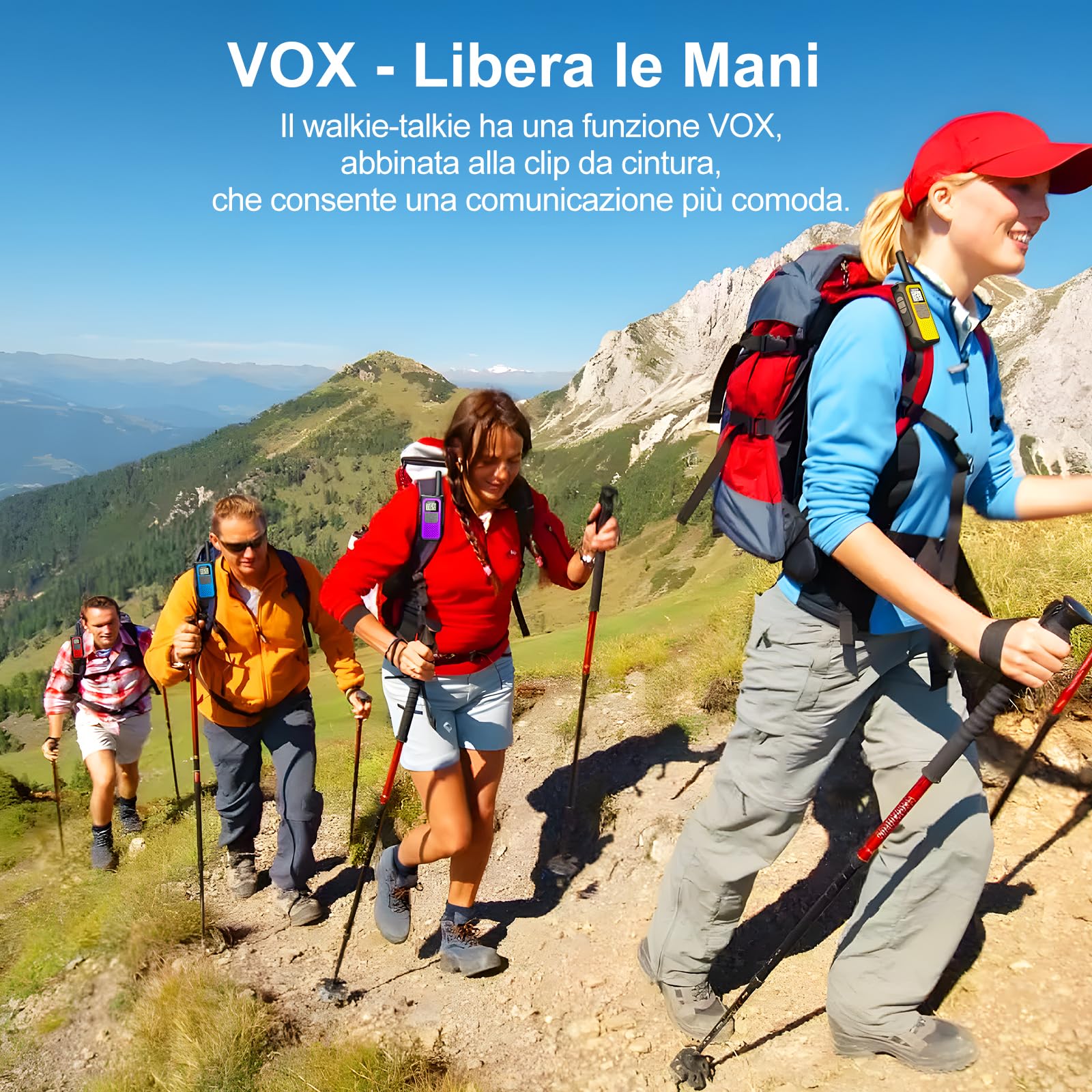 Walkie-Talkie 4 Pezzi, Walkie Talkie Ricaricabile con 1200mAh Batteria, Walkie-Talkies per Bambini Adulti, 16 Canali/VOX/Cavo USB-C, Walky Talky Lungo Raggio per Campeggio Escursioni