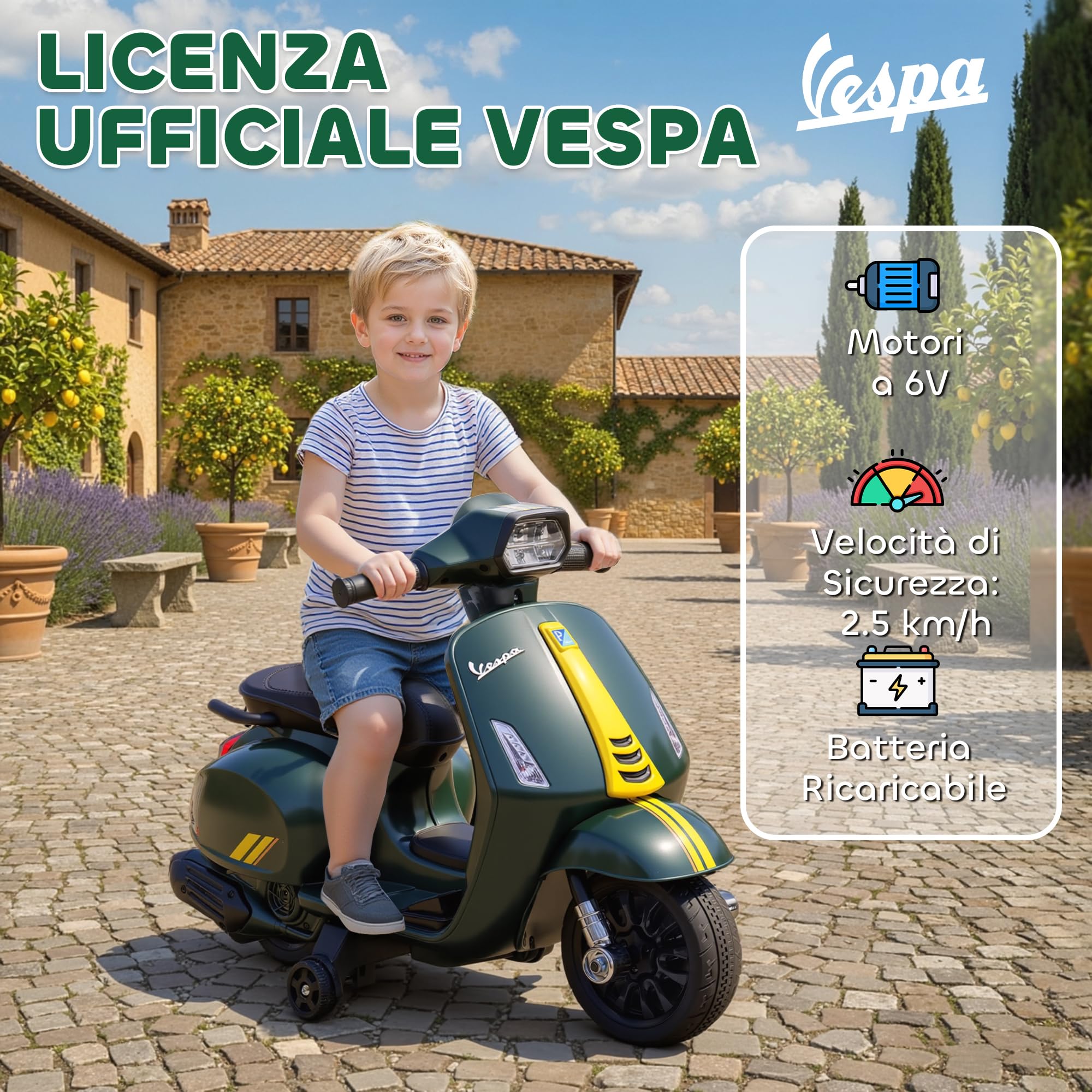 AIYAPLAY Moto Elettrica per Bambini con Licenza Vespa Ufficiale, Motorino per Bambini con Batteria Ricaricabile 6V e Rotelle, Luci e Clacson, Età 2-4 Anni, Verde Scuro