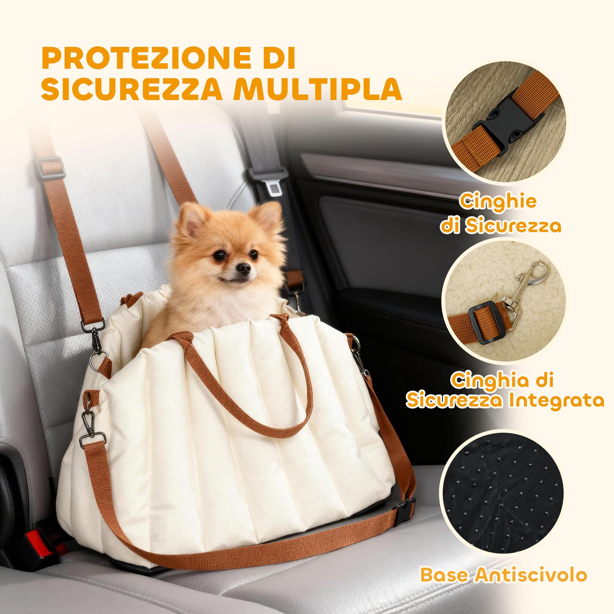 PawHut Seggiolino Auto per Cani Piccoli con Guinzaglio di Sicurezza e Base Antiscivolo, Trasportino Convertibile in Borsa per Animali Domestici, Crema