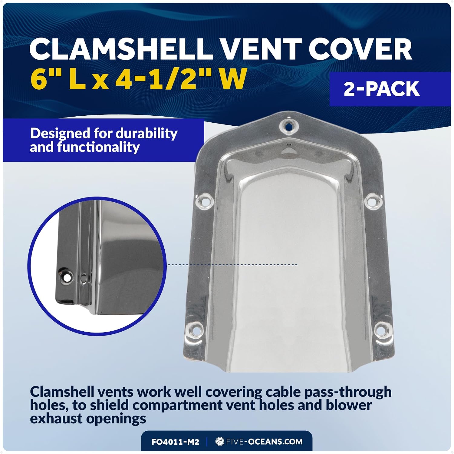 Five Oceans 316 Stainless Steel Marine Clamshell Vent Cover, Base 6-Inch L x 4-1/2-Inch W
