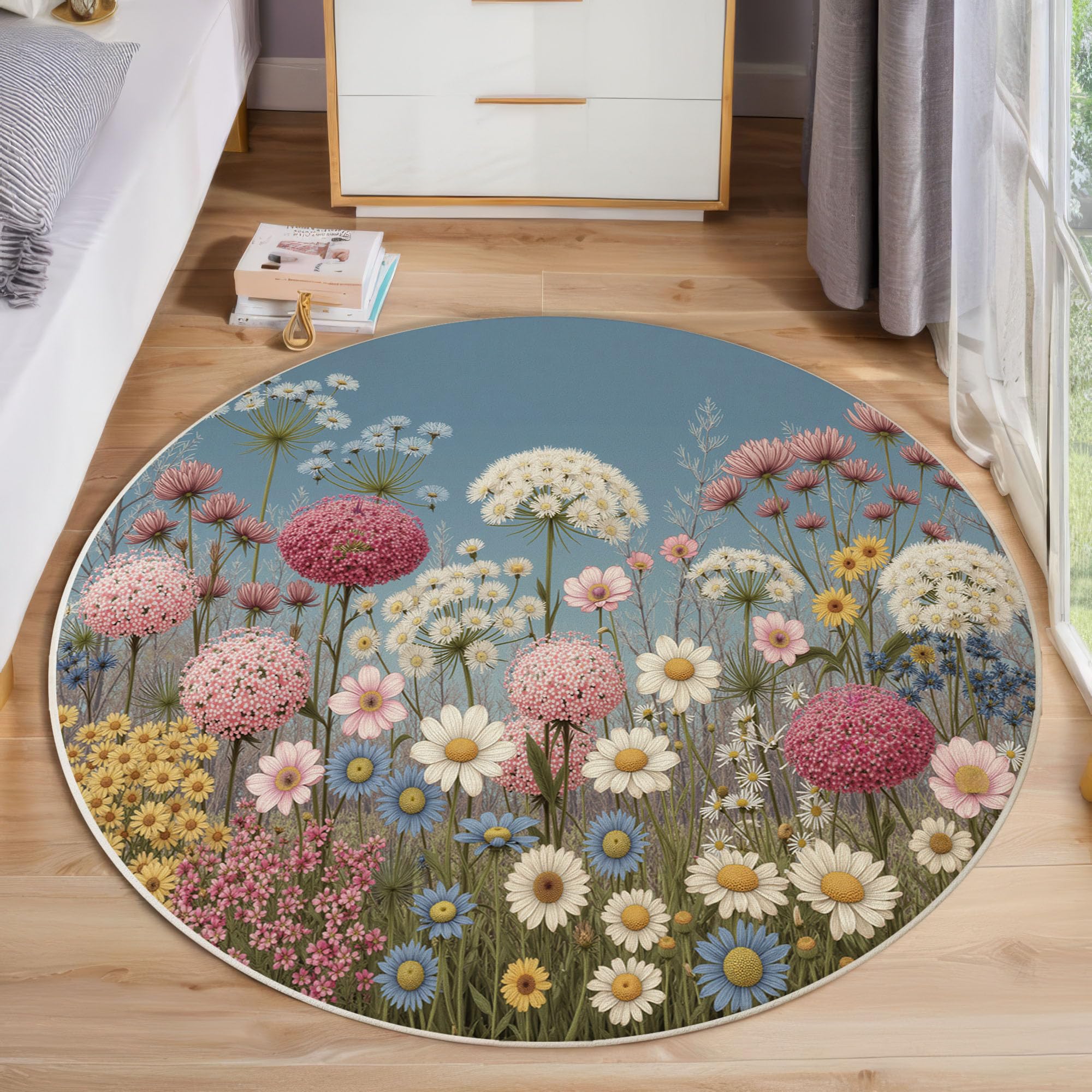 Tapis rond marguerites pour chambre enfant et salon au style frais et naturel