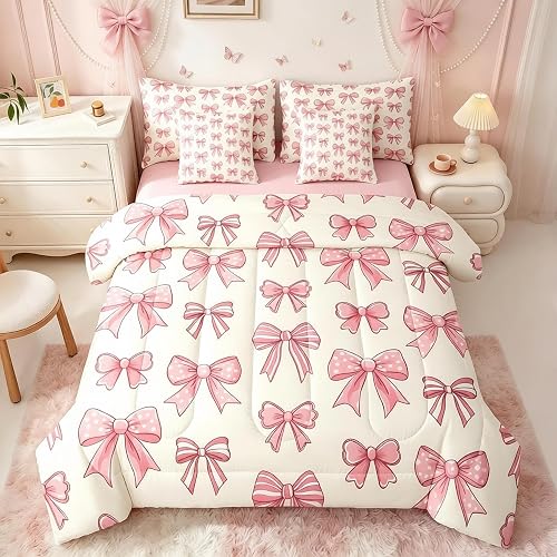 7 Piece Bow Bedding Set,Full Size Cute Bowknot Comforter Set With Sheets for Kid