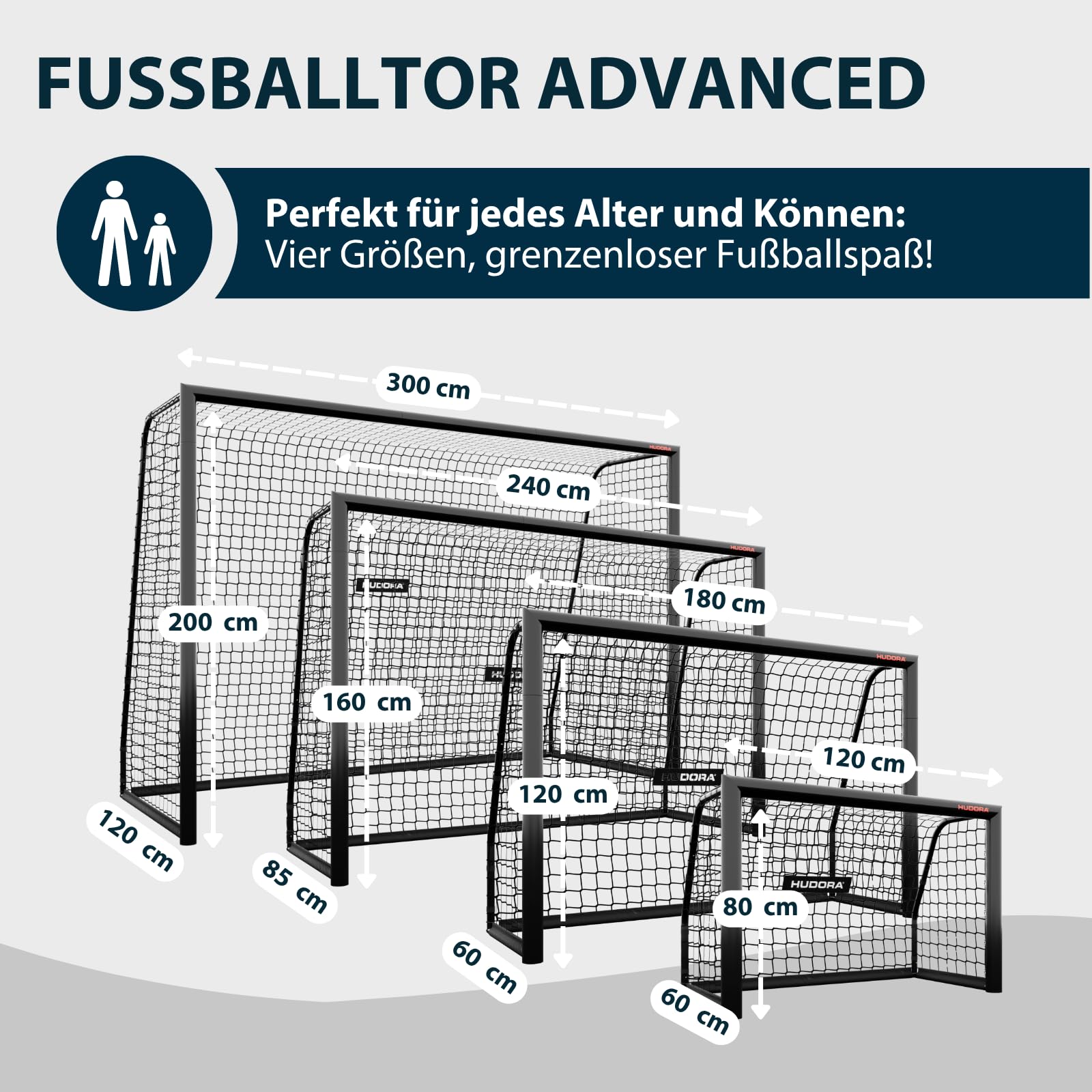 HUDORA Fußballtor Advanced – Outdoor Fußballtor mit robustem Stahlrahmen und wetterfestem Netz – schneller Aufbau Dank klick-System – stabiles Tor für Kinder, Jugendliche & Erwachsene – schwarz