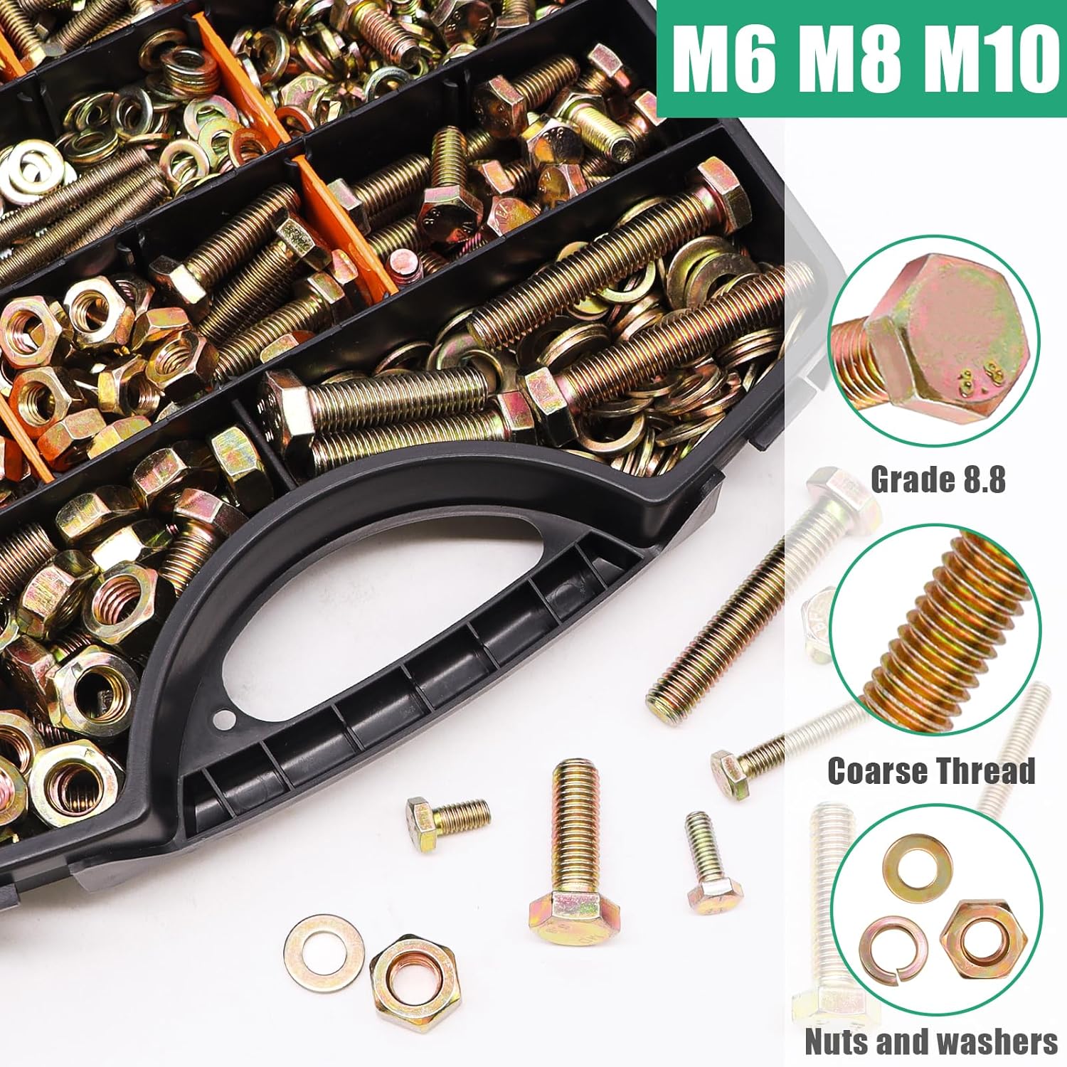 Twidec/775PCS Metric Bolt Assortment,Grade 8.8 Hex Head Nuts and Bolts Assortment Kit, M6/M8/M10(12-60mm) Heavy Duty Bolts and Nuts Kit, Flat & Spring Lock Washer Gold Zinc Plating With Storage Case