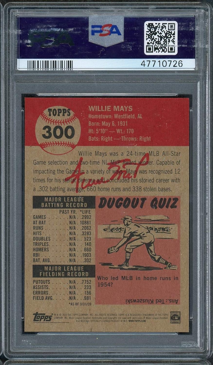 Willie Mays 2020 Topps Living Baseball Card #300 Graded PSA 10 GEM MINT