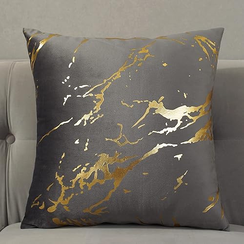 TAOSON Juego de 2 fundas de cojín suaves de terciopelo con estampado geométrico de mármol y líneas de bronce geométrico para sofá, cama, decoración