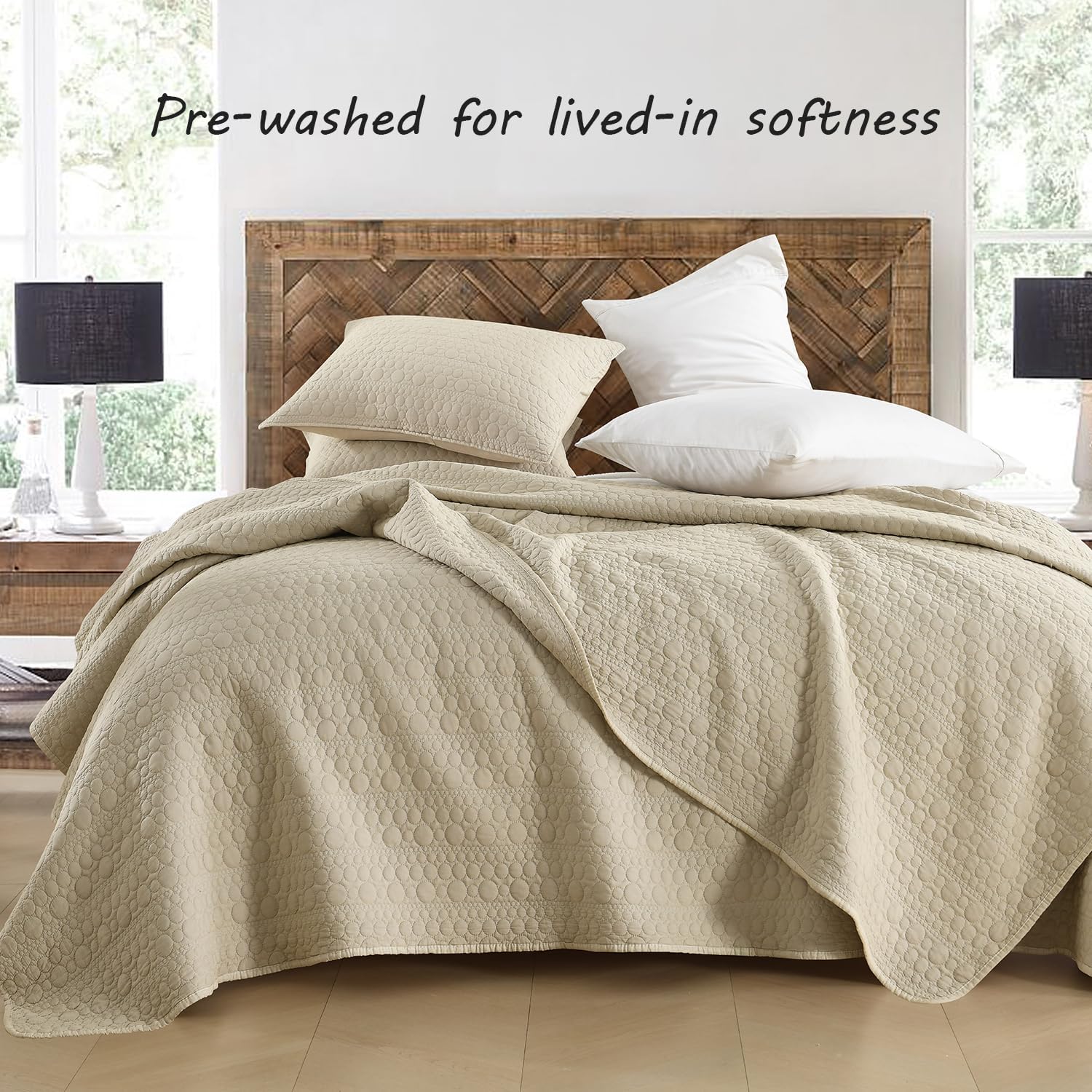 HORIMOTE HOME Quilt Set King Size Brich Beige, Classic Geometric Spots Stitched Pattern, Pre-Washed Microfiber Chic Rustic Look, Ultra Soft Lightweight Quilted Bedspread for All Season, 3 Pieces - Image 2