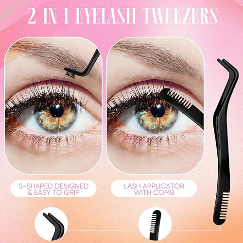 Miniatura 4 de Gisafai Juego de 8 pinzas de pestañas para extensiones de pestañas, juego de pinzas rectas y curvas, de acero inoxidable, herramienta aplicadora con