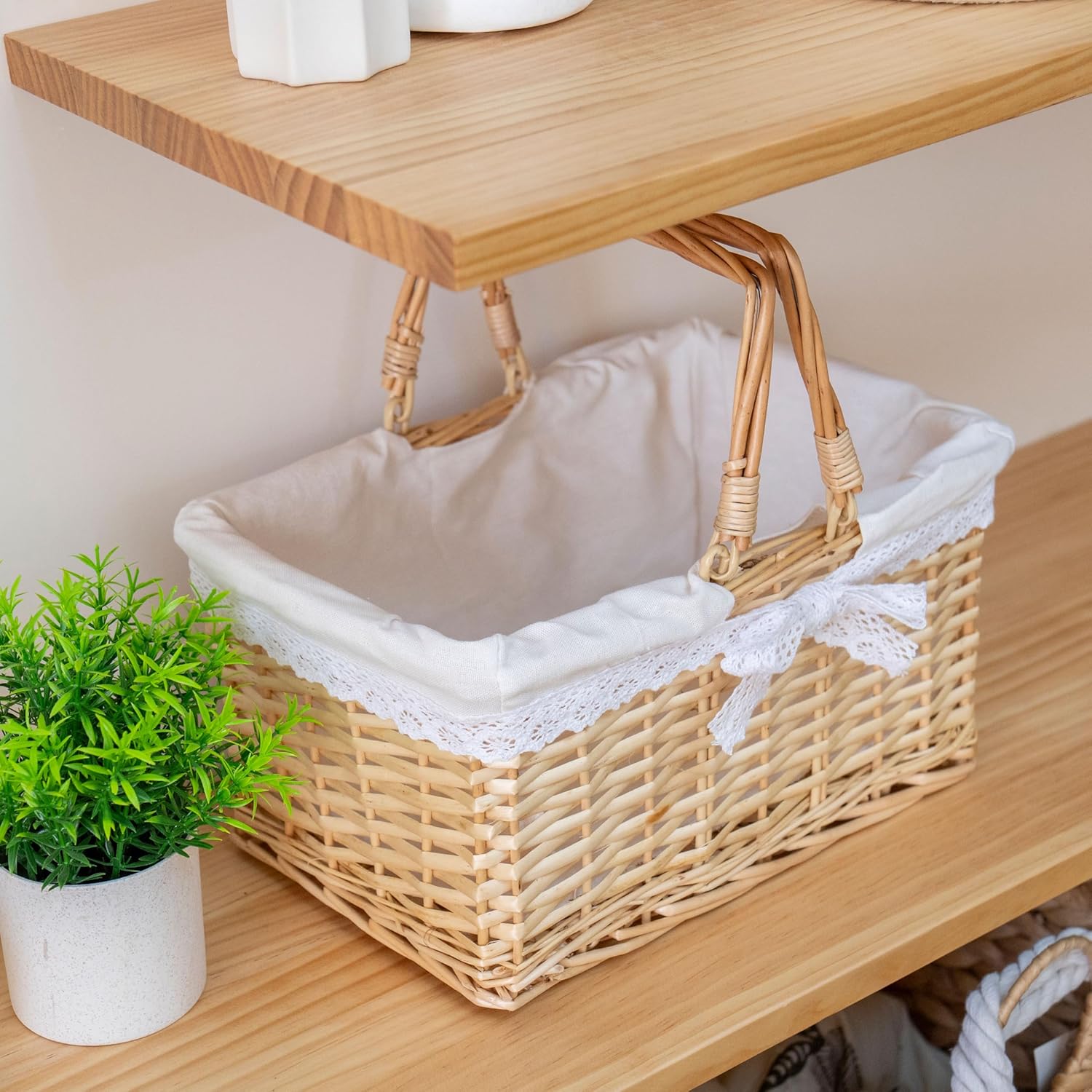 Handwoven Wicker Picnic Basket with Lace Lining, Natural Rattan Tote with Handles, Boho Basket for Outdoor Picnics, Bridal Showers, Weddings & Home Storage