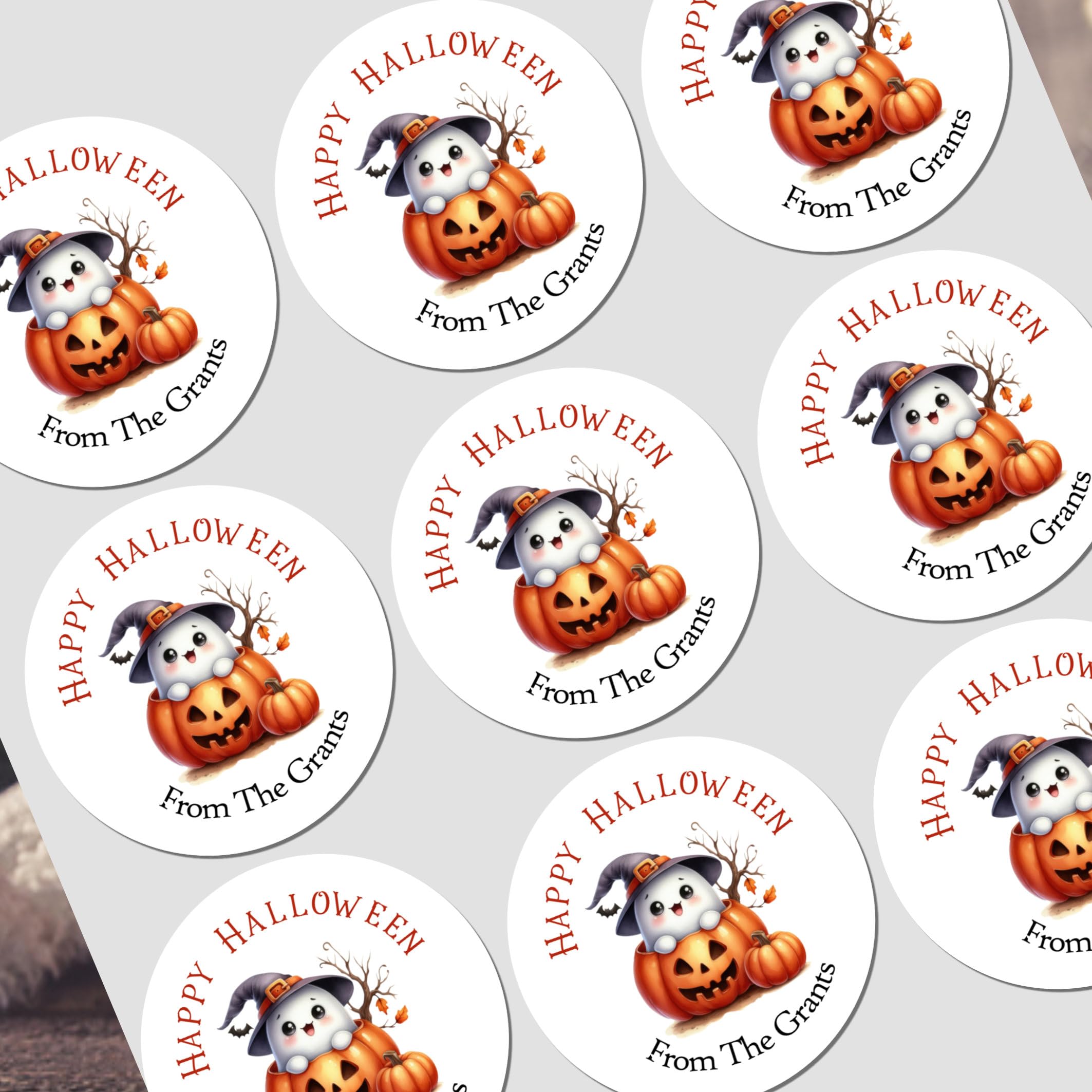 Personalised Halloween Stickers Labels for Sweet Cones Trick or Treat Bags Cute Ghost Pumpkin