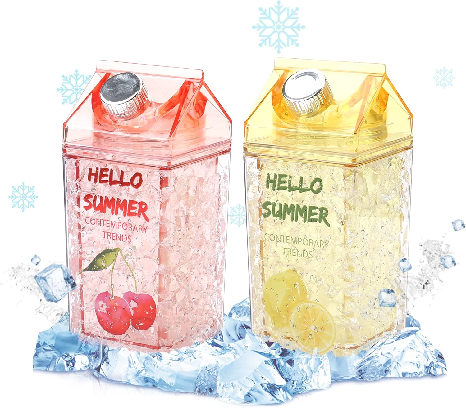 2 Pack Milk Carton Water Bottle, Kids Water Bottle with Leak Proof Lids and Straw,Double Wall Gel Insulated Freezer Drink Bottle,For Outdoor Sports Travel Home School,Water Bottle(400ml)