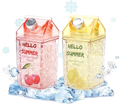 2 Pack Milk Carton Water Bottle,400 ml/15 oz Smoothie Tumbler with Leak Proof Lids and Straw,Double Wall Gel Freezer Insulated Tumbler,Great for Ice Drink