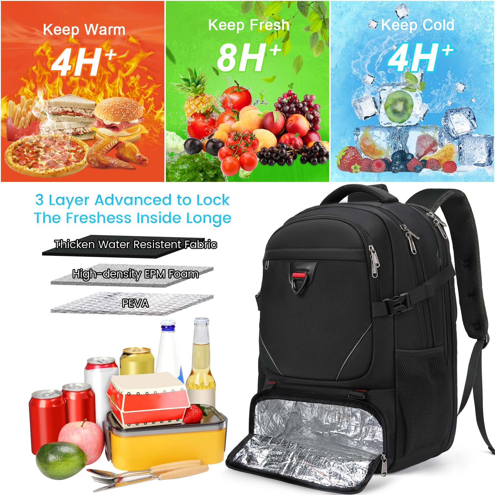 RAINSMOREZaino Uomo Porta PC 17.3 Pollici Lavoro Grande 50L Impermeabile Pranzo Laptop Computer Notebook per PC Portatili Viaggio Ufficio Scuola Università, Nero