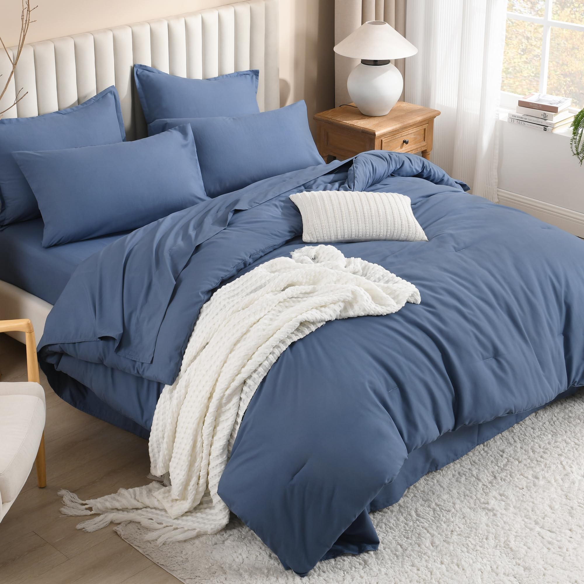 Litanika King Comforter Set with Sheets - 7 Pieces Solid Bed in a Bag