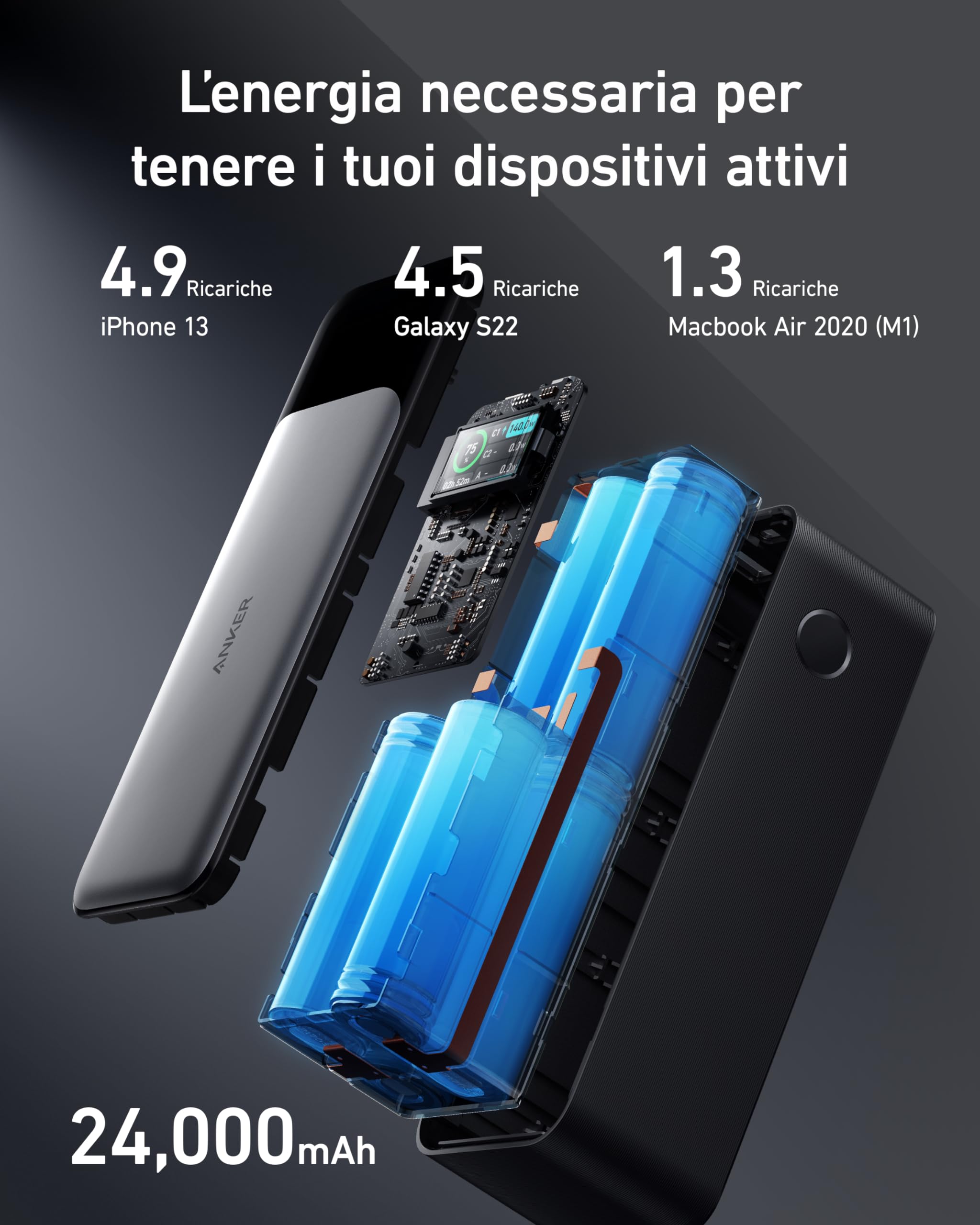 Anker Power Bank Ricarica Rapida, 737 PowerCore 24K, Batteria Esterna da 24000 mAh con 3 Porte, Potenza 140 W, Display Digitale, Compatibile con iPhone 16/15, Samsung, MacBook, Dell, e altro ancora
