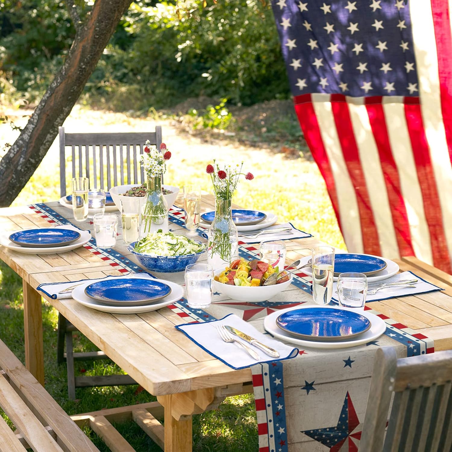 4th of July Table Runner 120 inches Long Freedom Stars Independence Day Rustic Wood Patriotic Coffee Table Runner for Kitchen/Dining Runners for Party Decor Dresser Scarve Tabletop Decoration 13x120in