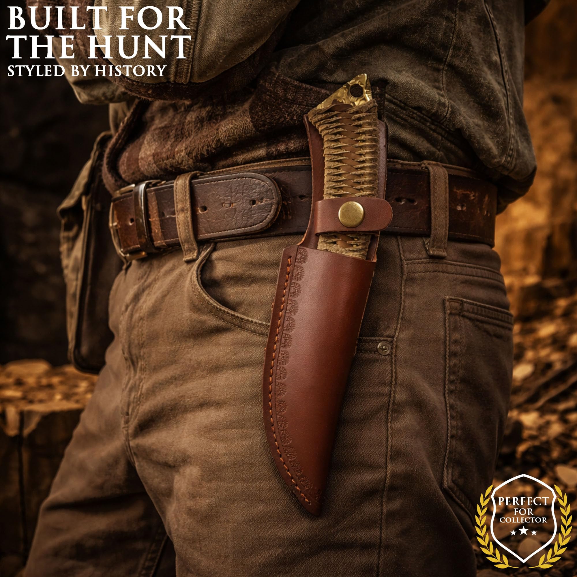 Swords and more Coltello da Caccia Forgiato a Mano Stile Celtico – Lama Dorata in Acciaio 7CR17MOV con Fodero in Pelle – Coltello a Lama Fissa Robusto ed Equilibrato