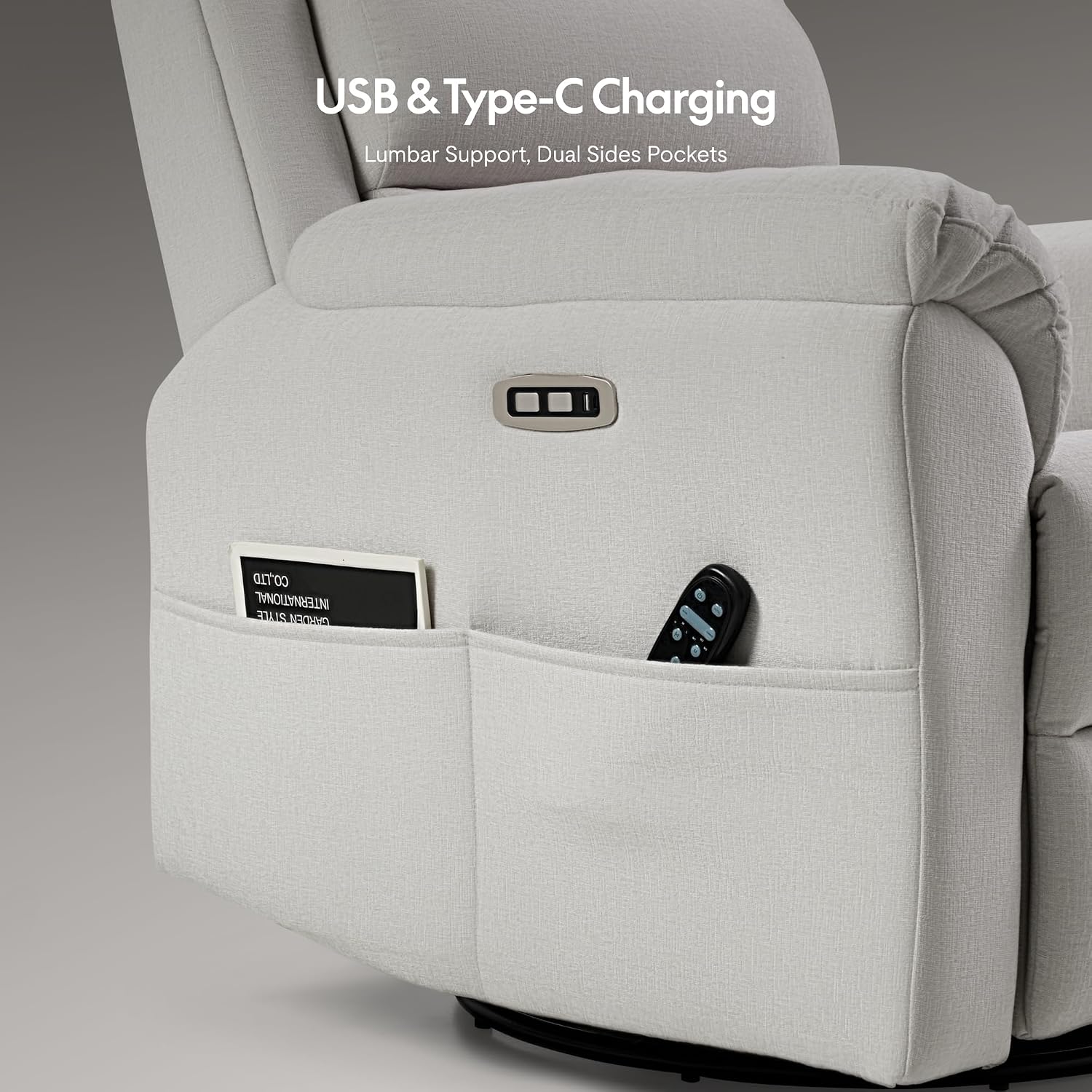 USB and Type-C charging ports and side storage pockets on the recliner