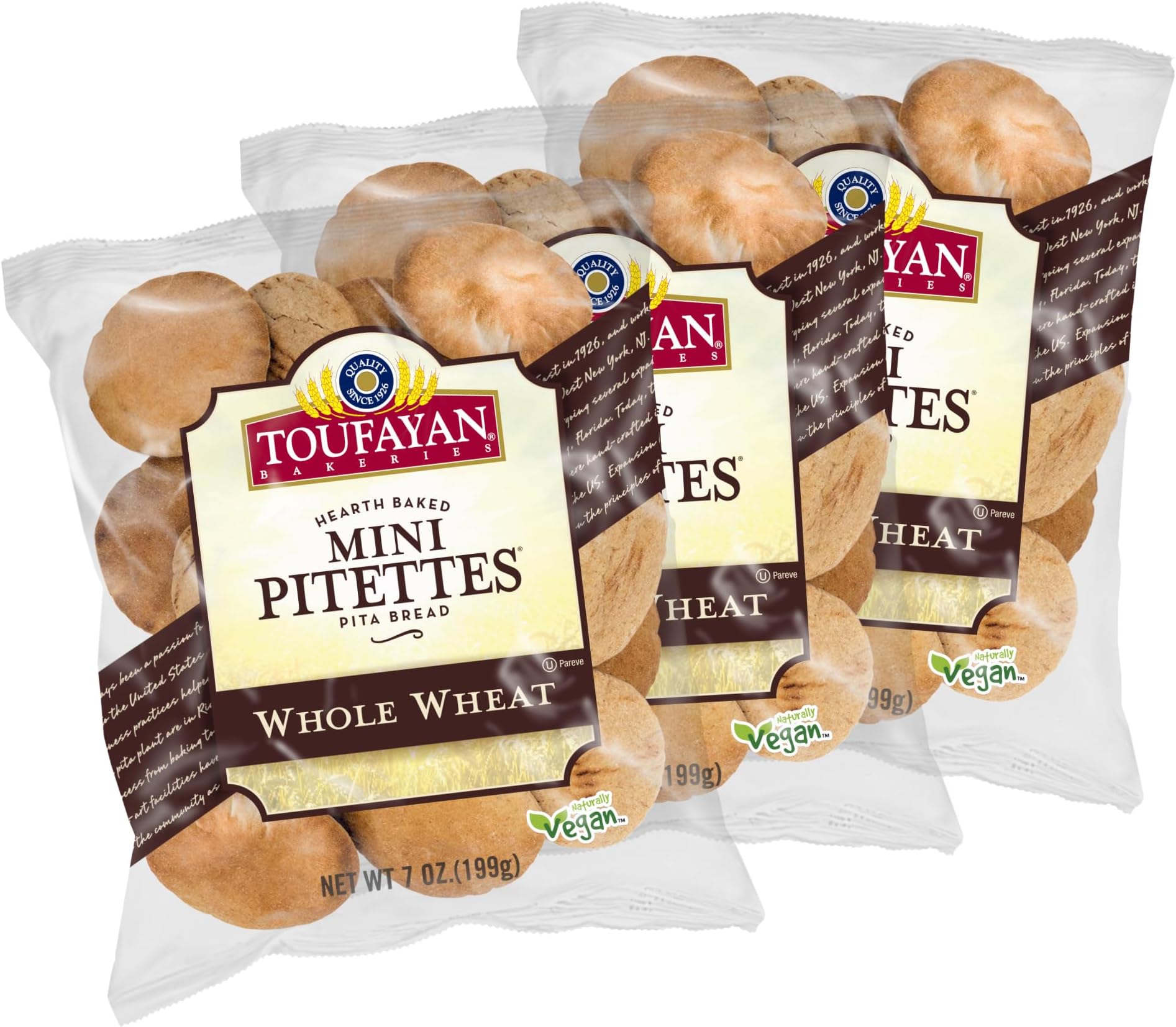 Toufayan Bakery, Whole Wheat Mini Pitettes| Bite Size Pita Bread| Great for Sliders, Appetizers, Mini Sandwiches and Snacks | Vegan | Kosher | Pack of 3