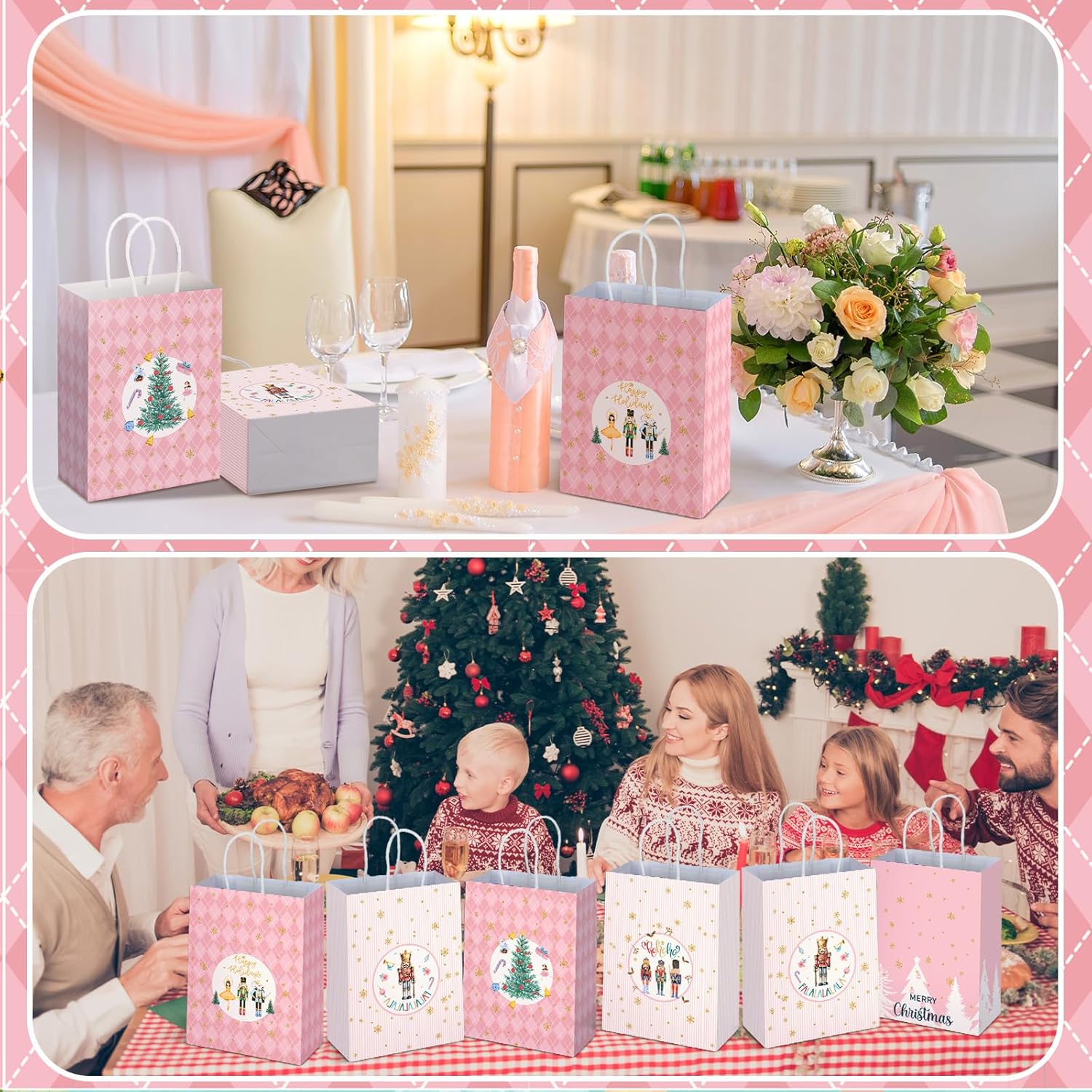 Zhanmai 24 Pcs Pink Christmas Party Favors Gift Goodie Bags with Handles Paper Nutcracker Merry Christmas Tree Candy Treat Bags for Xmas Gifts Wrapping Party Supplies - Image 5