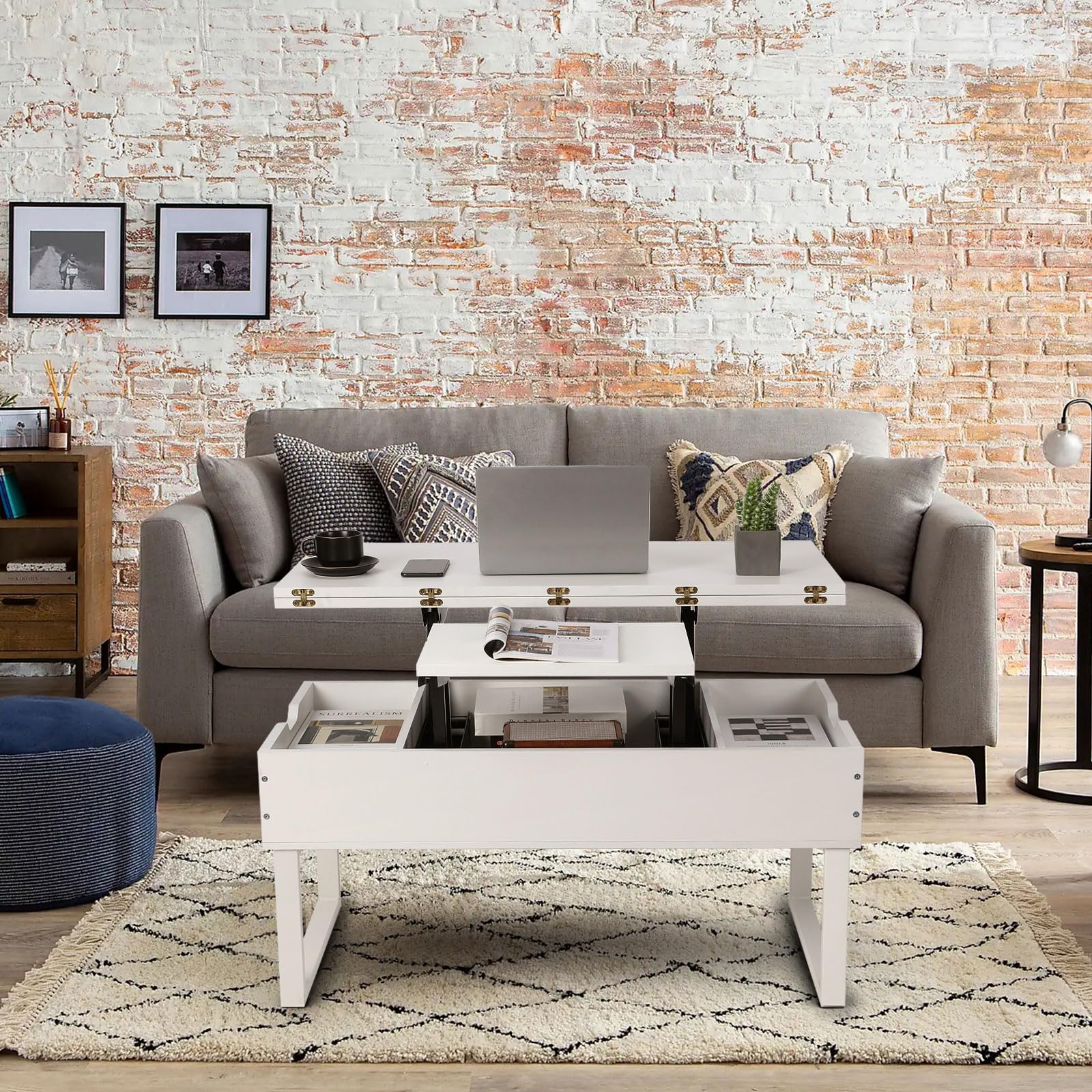 VOWNER Mesa de Centro Elevable, 3 en 1 Mesa de Salón Multifuncional con Almacenamiento Oculto, Mesa de Comedor Moderna Elevadora (Blanco)