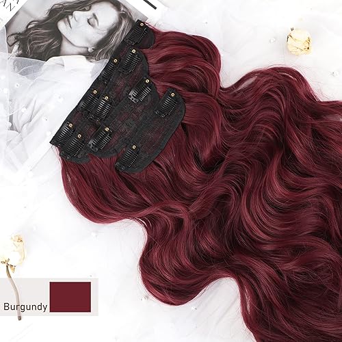 Miniatura 7 de Extensiones de cabello color burdeos con clip, 4 piezas, grueso, sintético, largo, ondulado, para mujer, de 20 pulgadas