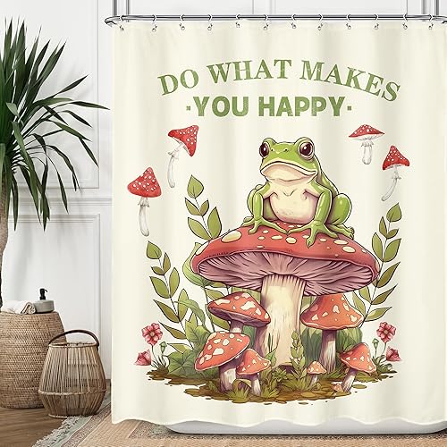 Omifly Divertida cortina de ducha con diseño de rana y hongos, 60 pulgadas de ancho x 72 pulgadas de alto, estilo retro, acuarela, rústica, hojas