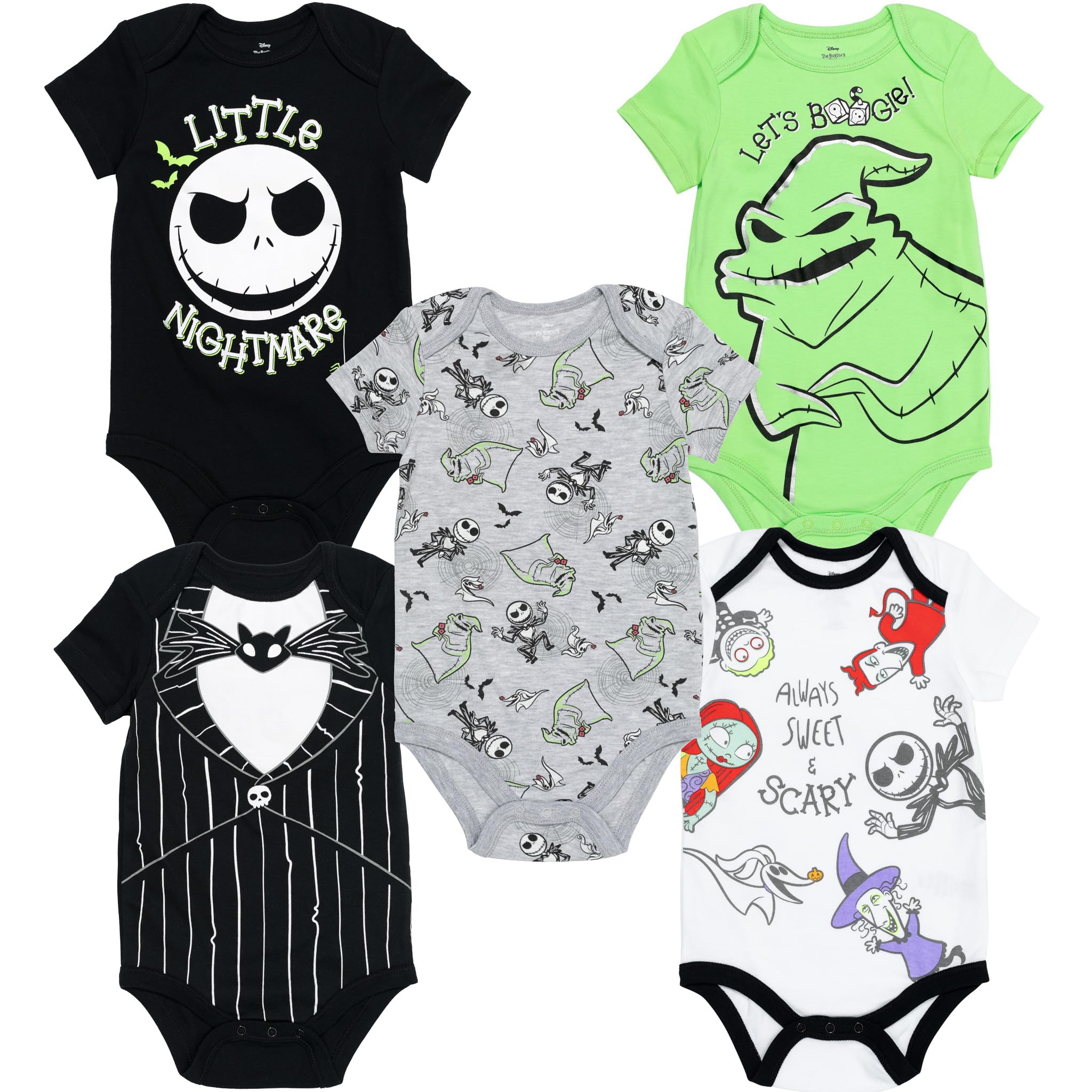 Disney Nightmare Before Christmas Sally Jack Skellington - Paquete de 5 mamelucos para recién nacidos a bebés