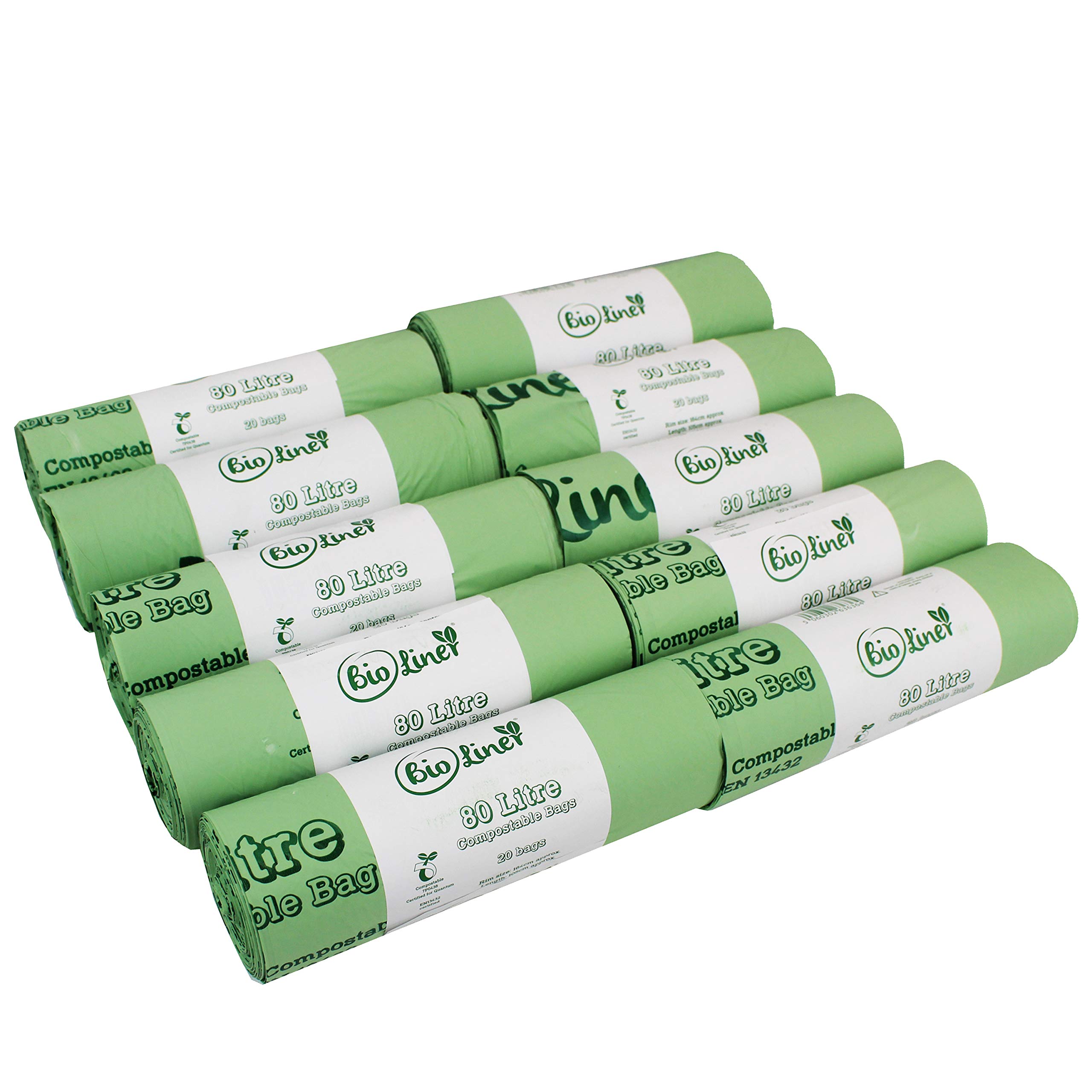 Bioliner Green 200 X 80L Compostable Bags For Swing Bins & Dustbins (10 Rolls) Food Waste Bin Liners - En 13432 - Compostable 80L Swing-Bin Bags With Composting Guide
