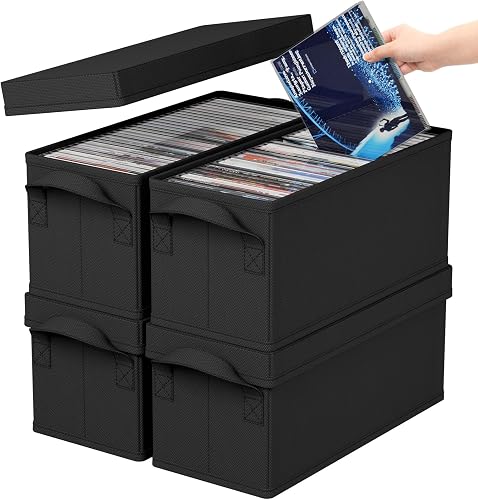 Lifewit CD Storage Boxes with Handles, Stackable CD Case Organizer with Lid, Foldable Record Storage Container Each Holds up to 30 CDs, Black, 4 Pack