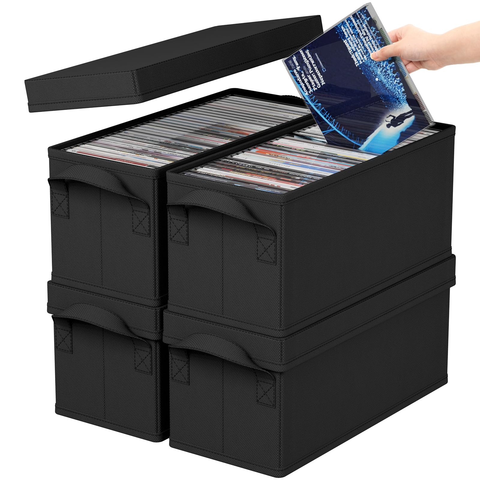 Lifewit 4 Piezas Cajas de Almacenamiento para CD Apilable, Caja Plegable con Tapa, Contenedor para hasta 120 CD (30 Cada uno), para Casa y Coche, Negro